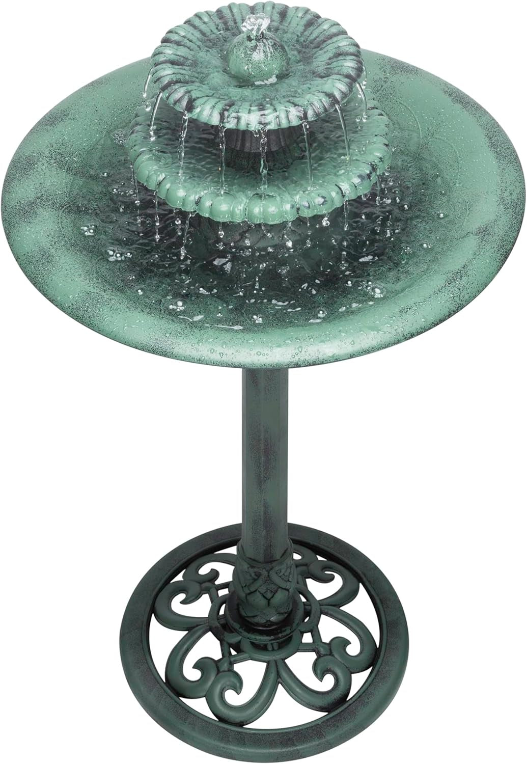 35" Tall 3-Tier Outdoor Pedestal Water Fountain – Durable Resin Cascading Water Feature and Birdbath for Garden, Patio, Deck, and Backyard, Green
