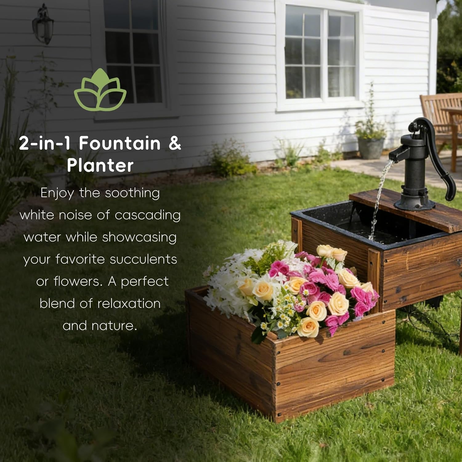 Solar Powered Water Fountain with Planter, 2-Tier Cascading Wooden Garden Fountain for Outdoor, Rustic Wood Barrel Water Feature with Solar Pump for Patio, Backyard, Porch, Yard Decor