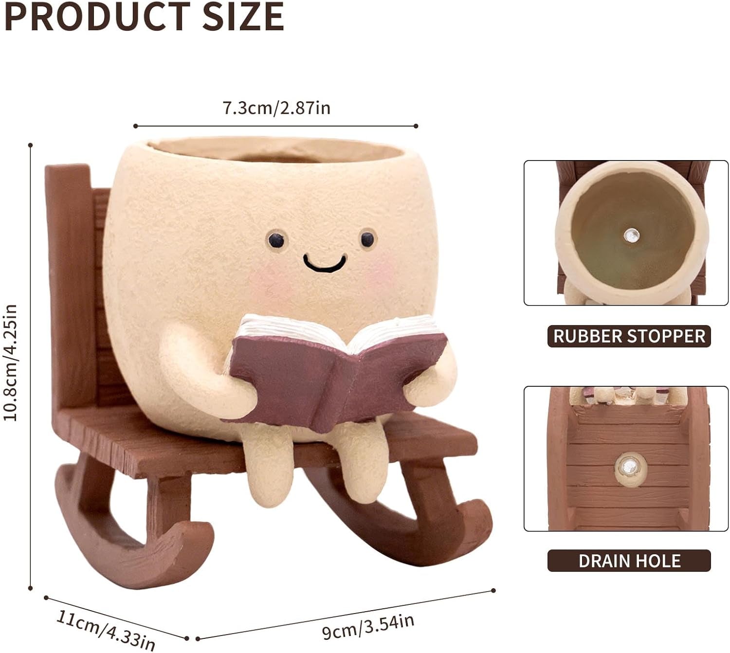 Rocking Chair Book Planter, Cute Smiley Face Succulent Plant Pots for Indoor Outdoor Plants, Unique Funny Flower Pots with Drainage Hole, Plant Gifts for Mother'S Day, Birthday, Christmas