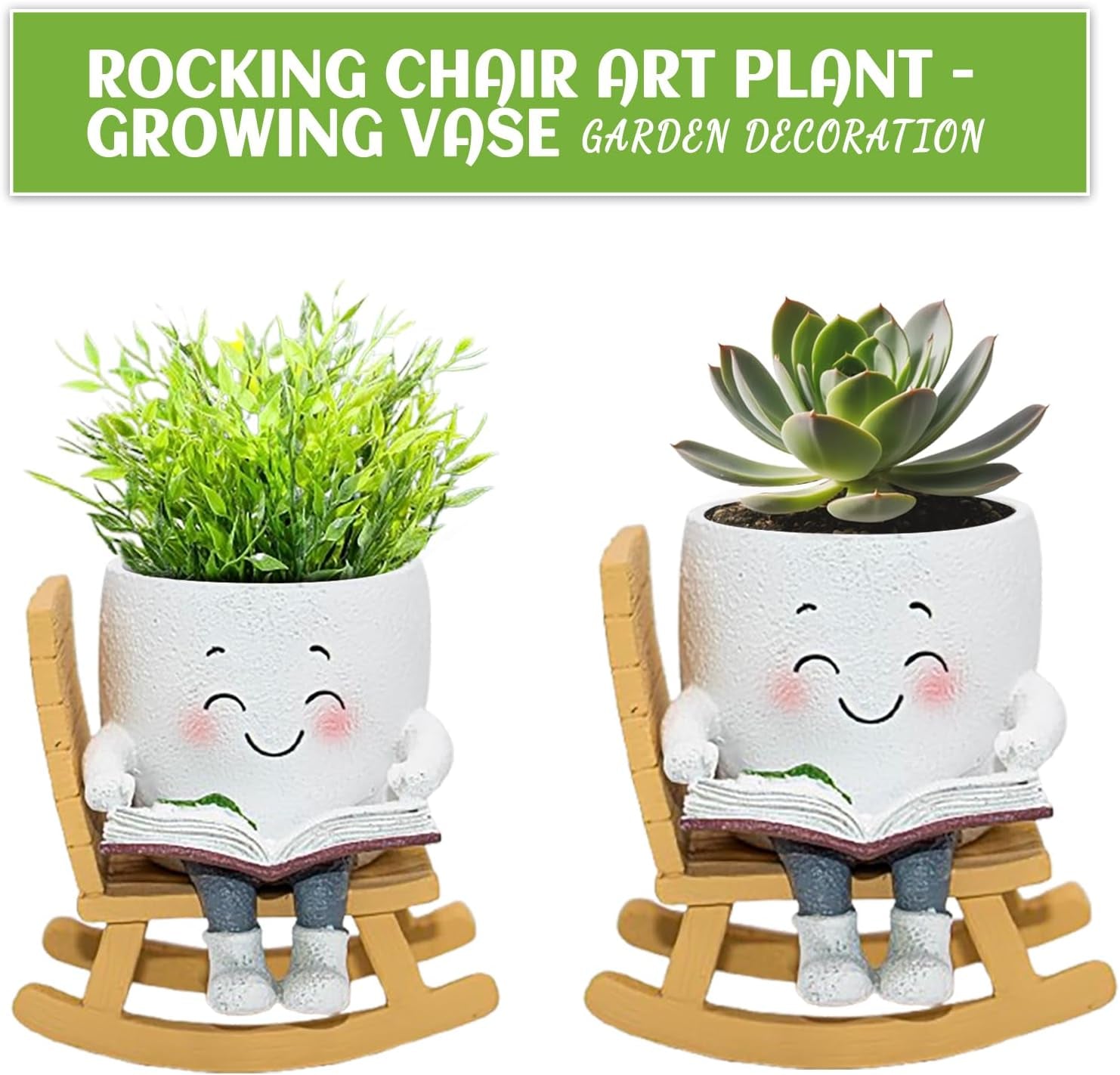 Smily Face Rocking Chair Reading Book Planter Pots, Cute Resin Flower Head Succulent Planters for Indoor Plants, Gift Ideai for Mother Christmas Birthday with Drainage Hole