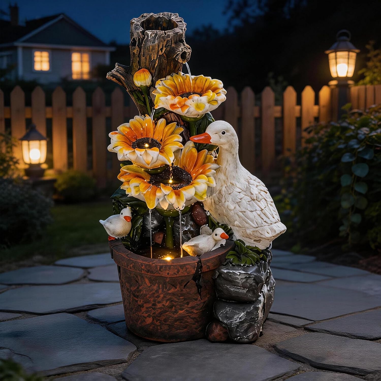 19.5" Tall 4-Tier Pedestal Outdoor Water Fountain with LED Lights and Pump, Relaxing Garden Fountain Waterfall for Patio, Porch, or Yard