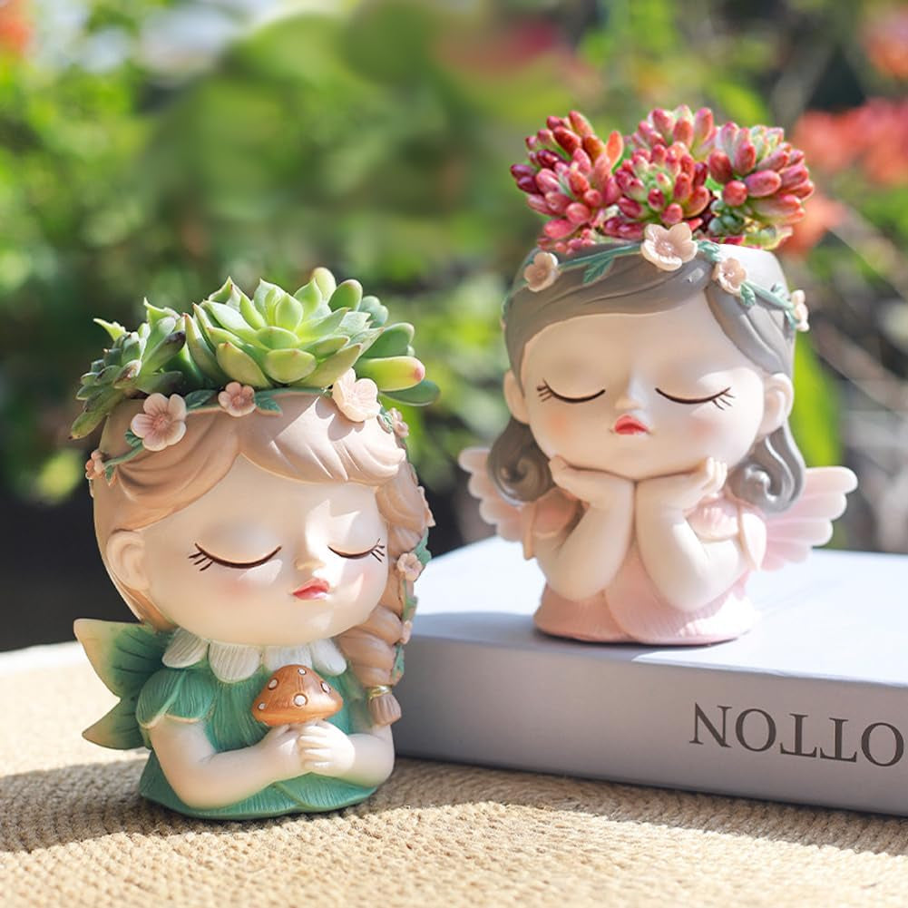 Samll Angel Girl Face Succulent Plant Pots 3Packs with Drainage Hole 4Inch Indoor Cactus Pot Unique Cute Flower Pot with Girl Face Container Planter
