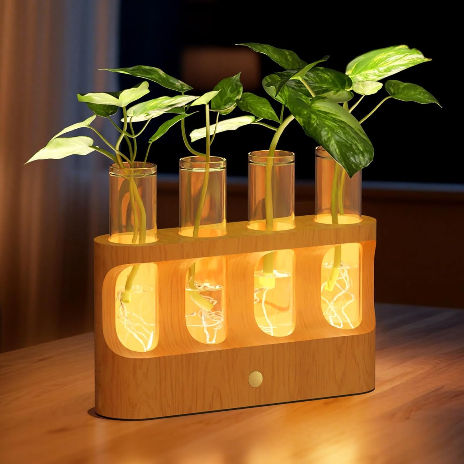 Rechargeable Plant Propagation Station with Stepless LED Light, Wooden Stand & 4 Propagation Test Tubes, Hydroponic Plant Terrarium for Indoor Home Decor, Gift for Plant Lovers and Mothers