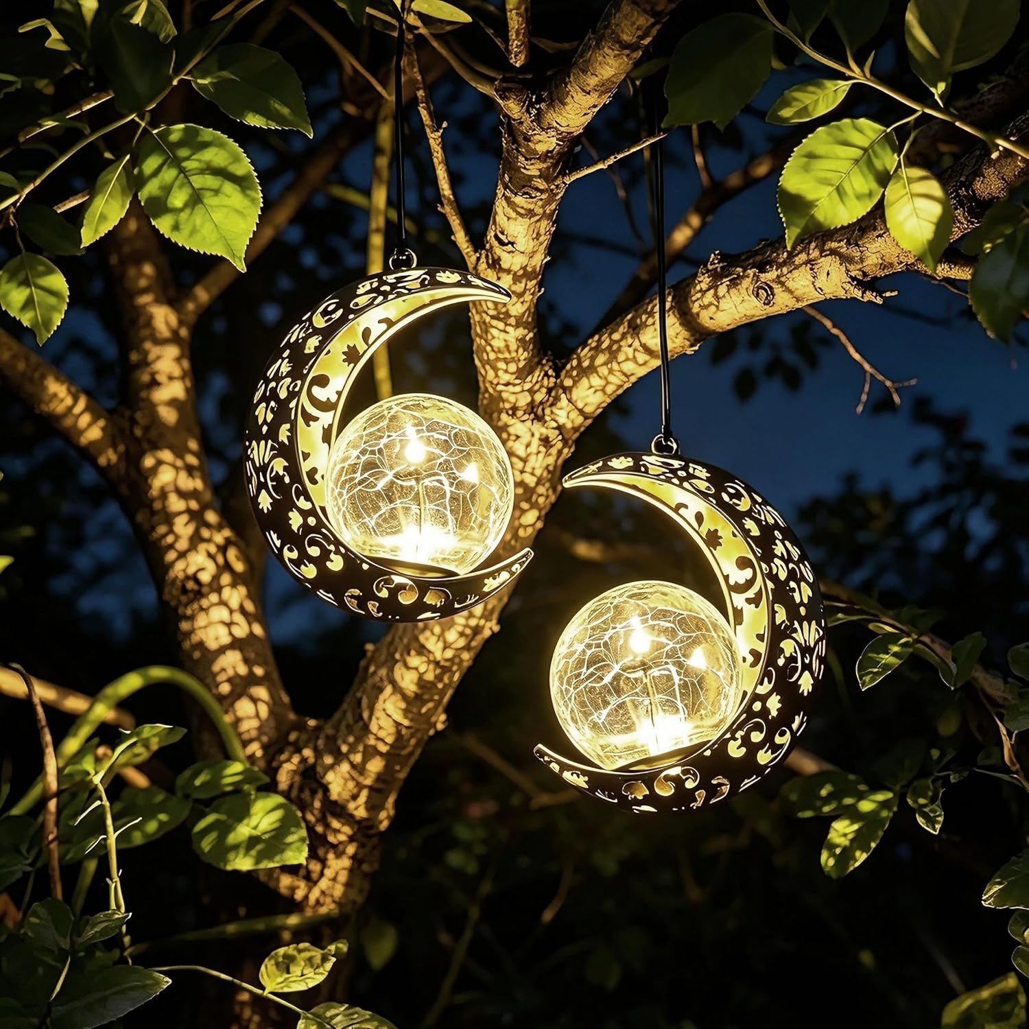 Solar Moon Lanterns Outdoor Waterproof Decor, 2Pack Hanging Decorative Garden Lights, outside Furniture Accessories Wall Tree Patio LED Ornaments , Mother'S Day Fairy Gifts for Women Mom