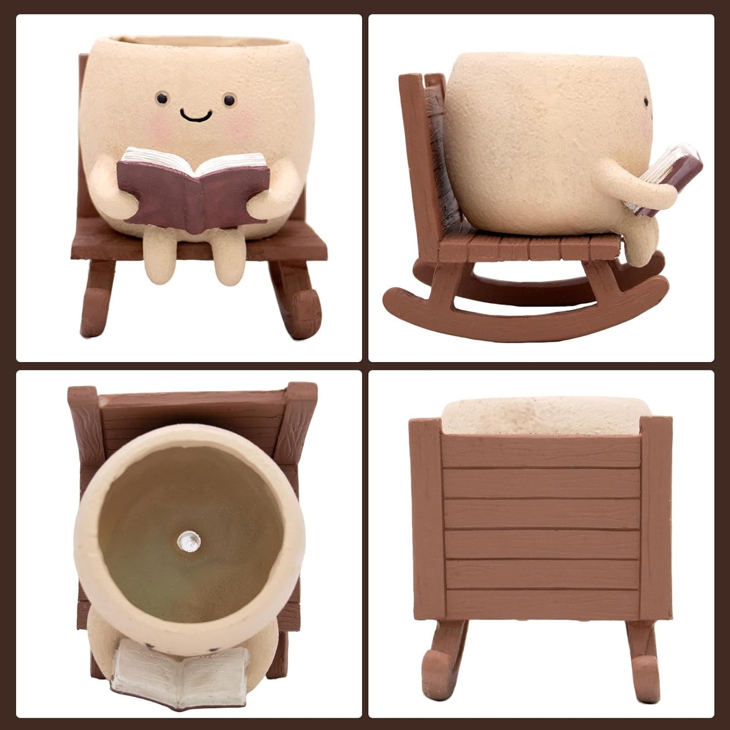 Rocking Chair Book Planter, Cute Smiley Face Succulent Plant Pots for Indoor Outdoor Plants, Unique Funny Flower Pots with Drainage Hole, Plant Gifts for Mother'S Day, Birthday, Christmas