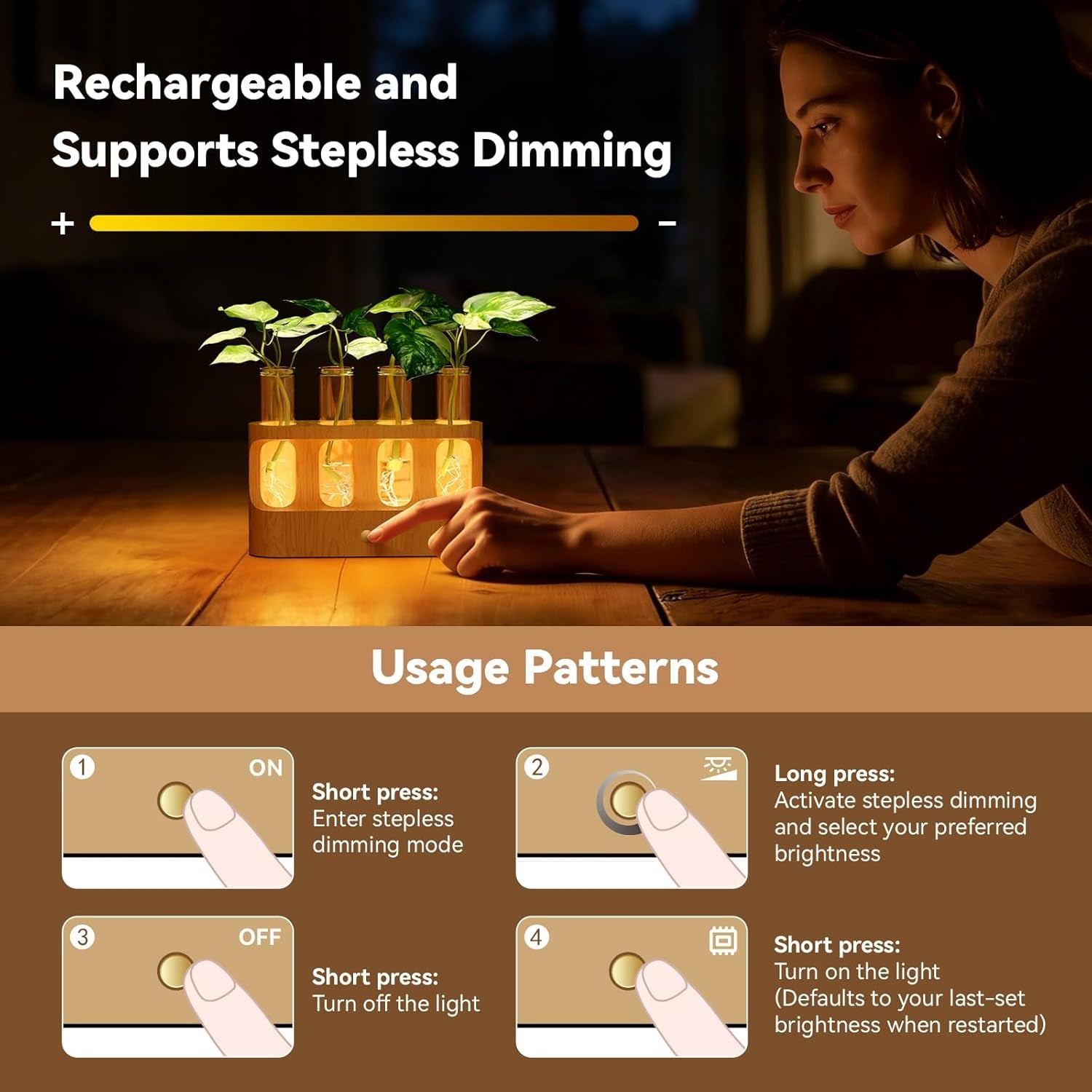 Rechargeable Plant Propagation Station with Stepless LED Light, Wooden Stand & 4 Propagation Test Tubes, Hydroponic Plant Terrarium for Indoor Home Decor, Gift for Plant Lovers and Mothers
