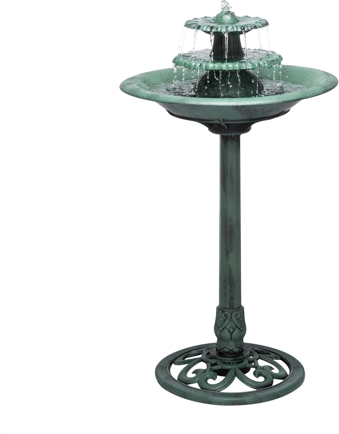35" Tall 3-Tier Outdoor Pedestal Water Fountain – Durable Resin Cascading Water Feature and Birdbath for Garden, Patio, Deck, and Backyard, Green