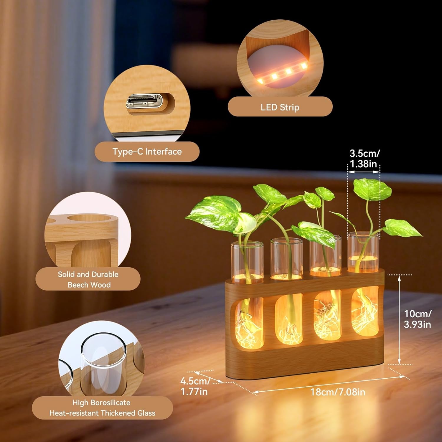Plant Propagation Station with 9-Speed Adjustable LED Lights, Wooden Stand, 4 Glass Test Tubes for Hydroponic Plants, Unique Gift for Plant Lovers