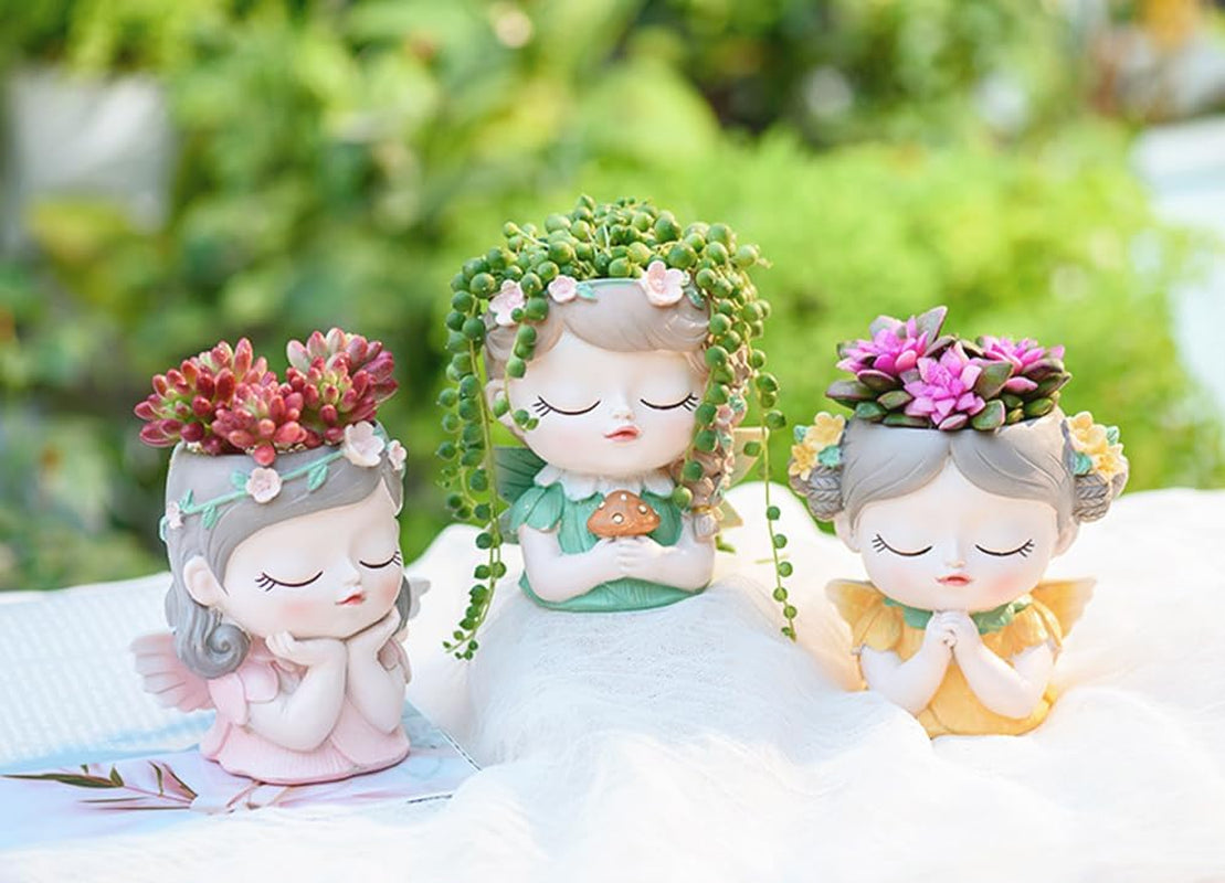 Samll Angel Girl Face Succulent Plant Pots 3Packs with Drainage Hole 4Inch Indoor Cactus Pot Unique Cute Flower Pot with Girl Face Container Planter