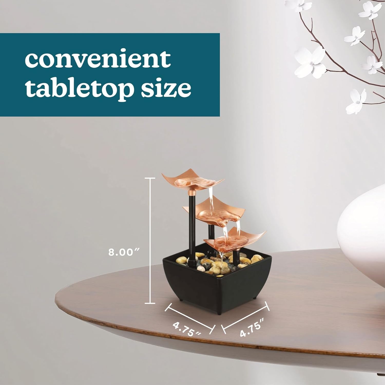 Tabletop Water Fountain, 3 Tier Indoor Waterfall Fountain with Natural River Rocks, Quiet Pump for Relaxation, Zen Home & Office Desk Décor, AA Battery Powered