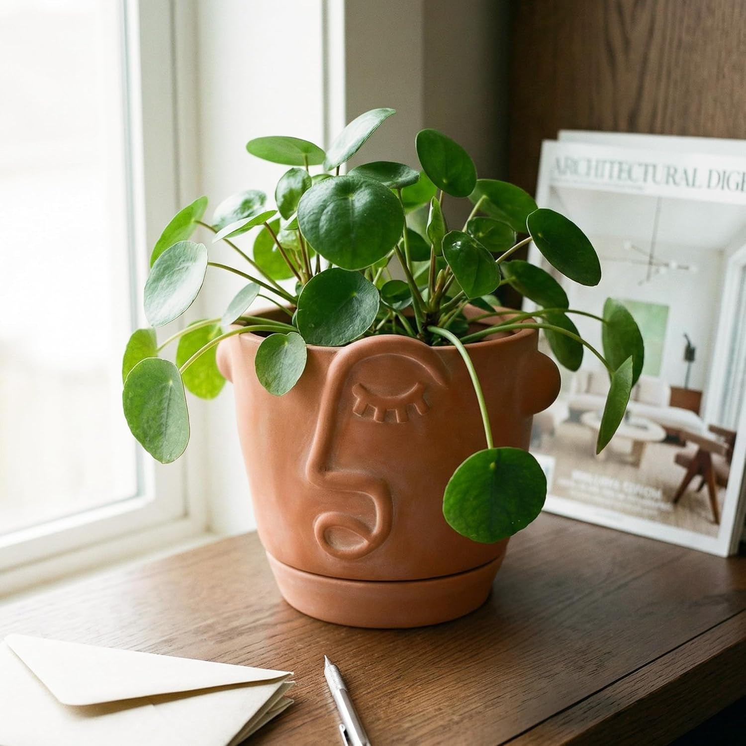 8 Inch Terracotta Abstract Face Planter with Drainage & Saucer – Large Artistic Statement Pot for Indoor & Outdoor Plants, Sculptural Boho Home Decor, Unique Art Gift