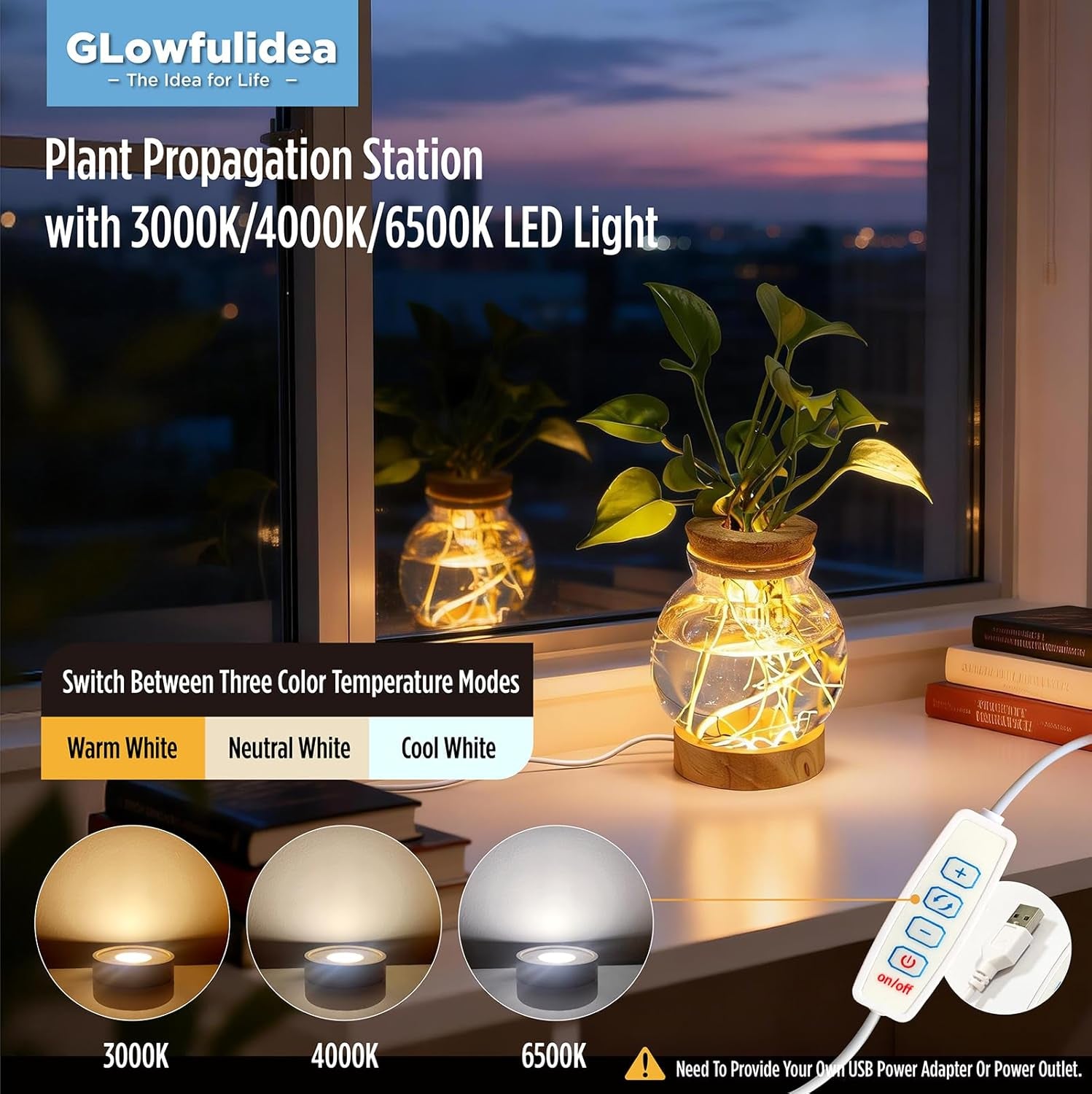 Plant Propagation Station with 9-Level Adjustable LED Light, Glass Planter Station with Waterproof Lighted Wooden Base, Desktop Hydroponic Plants Terrarium Vases Jars for Home & Office Decor