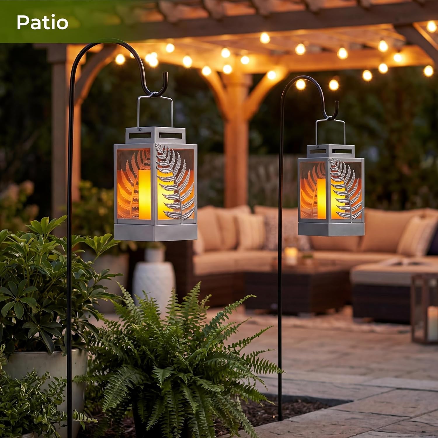 Solar Lights Outdoor with Flickering Flame (2Pack Grey) Upgrade Metal Solar Powered Lantern Landscape Leaf Decorative Hanging Lighting Waterproof LED Umbrella Light for Patio Garden Deck Yard