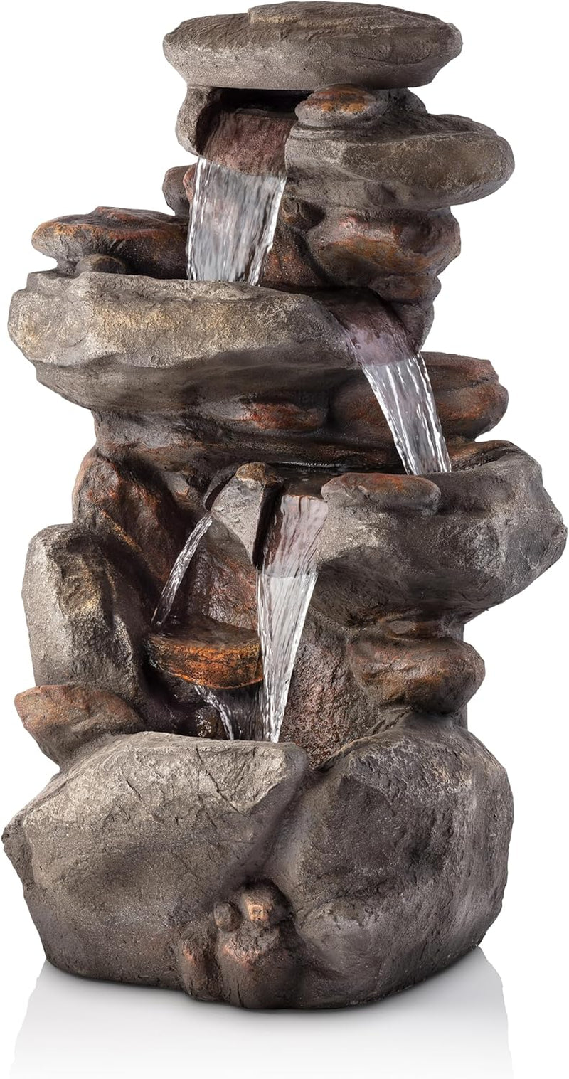 | 40" 4-Tier Rock Floor Fountain with Cascading Water & White LED Lights, Tranquil Outdoor Water Feature for Garden, Patio, Yard & Deck, Light Gray