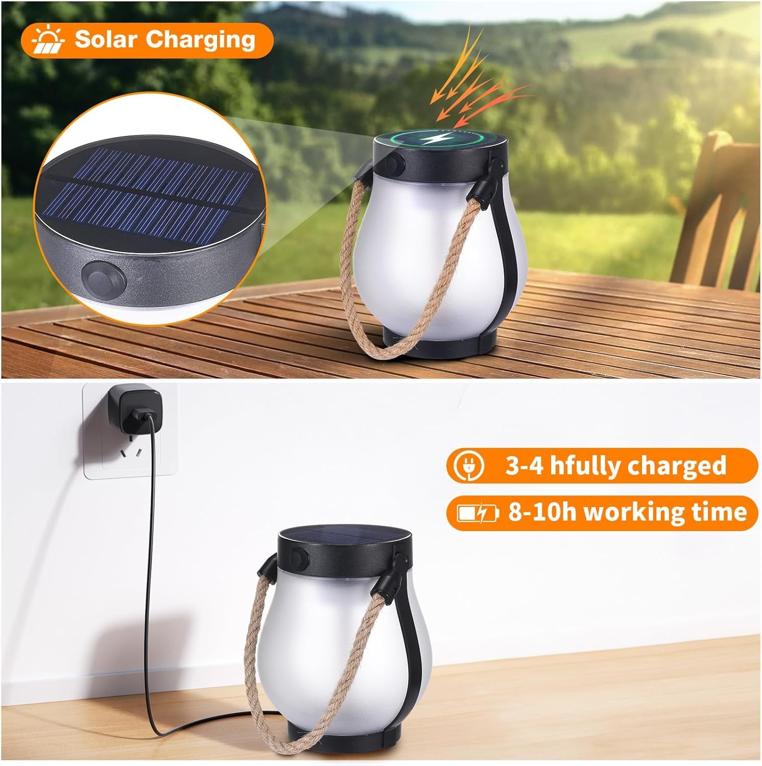 2 Pack Solar Flame Lantern Lights — Flickering Flame Hanging Lanterns Outdoor, Waterproof Garden Lights with 2 Modes Dual Charging USB & Solar Yard, Patio Decor