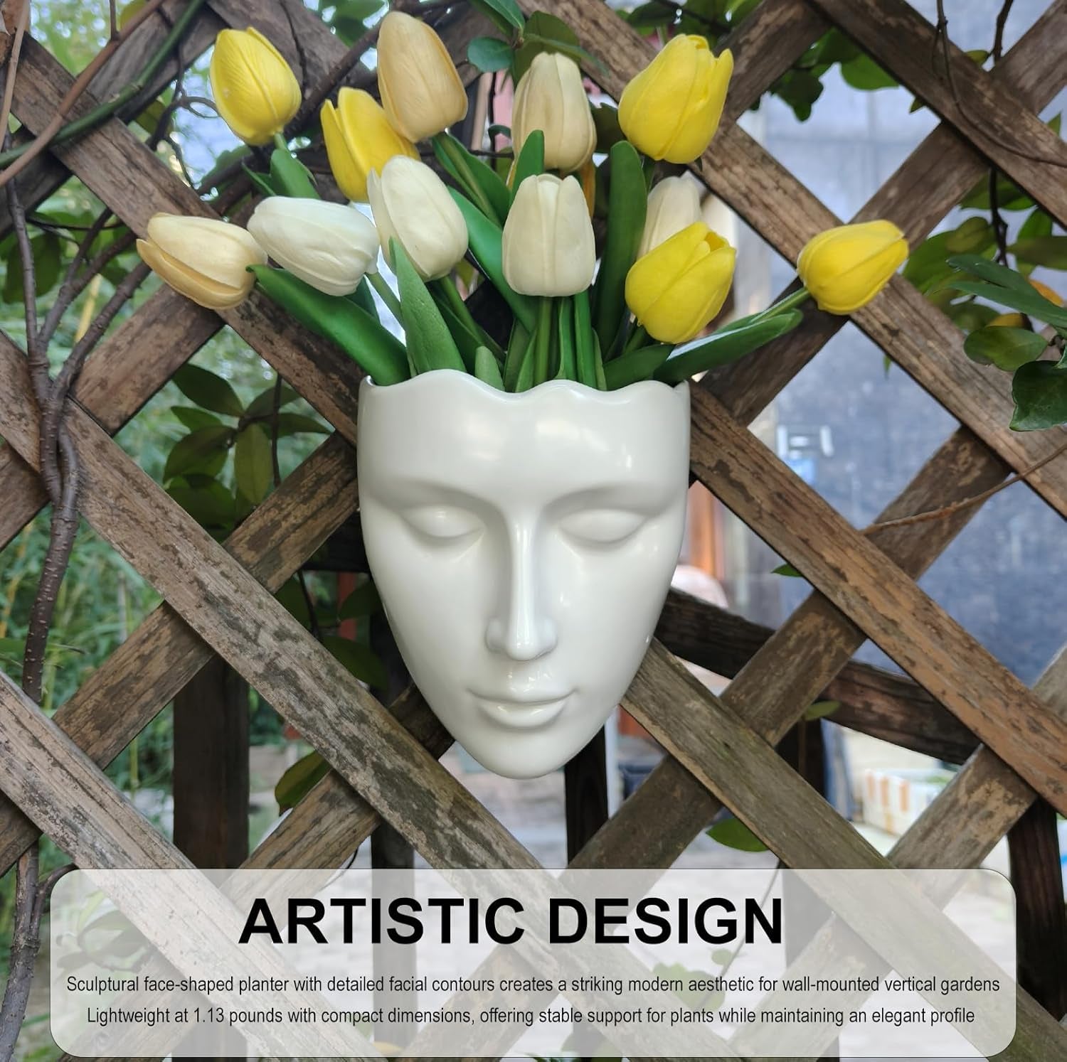 Ceramic Face Wall Planter, White Head Vase with Drainage Hole, Modern Art Indoor Outdoor Wall Mounted Succulent Planter, Elegant Home Garden Decor