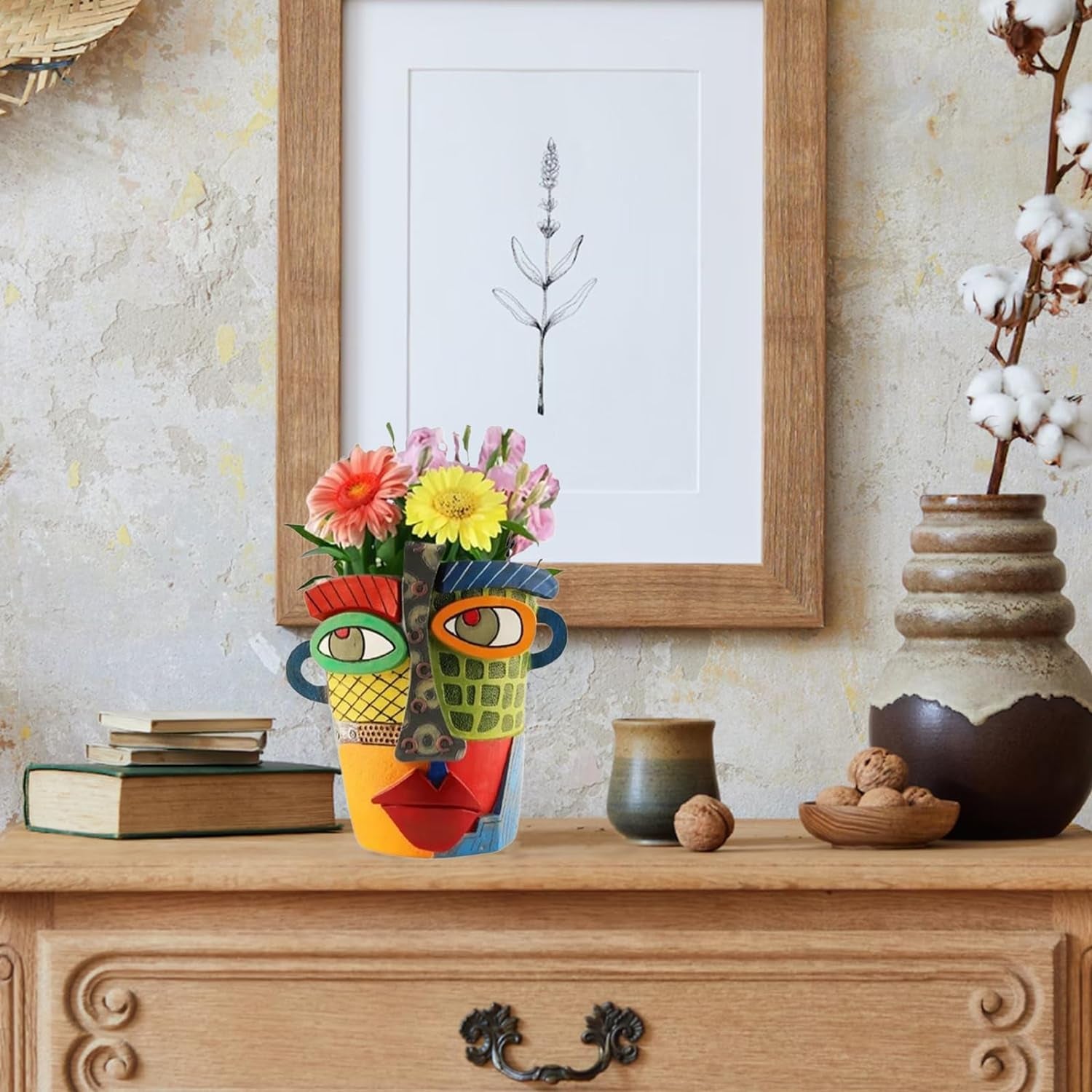 Picasso Brutalist Abstract Beauty Flower Pot Ornaments Head Planter Pots Container Face Planters Pots Head Colorful Face Art Resin Flower Pot (Modern Big)