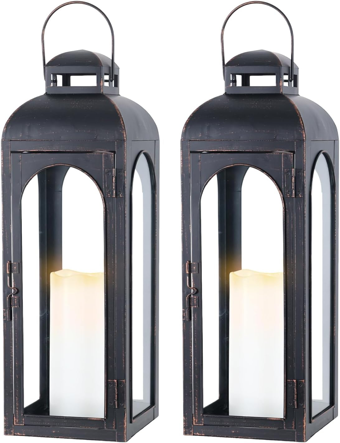 Lanterns Decorative Indoor,Set of 2 Outdoor Lanterns for Porch, 20" Metal Frame Candle Holders Hanging Lights,With Glass, Spring, Fall, Christmas