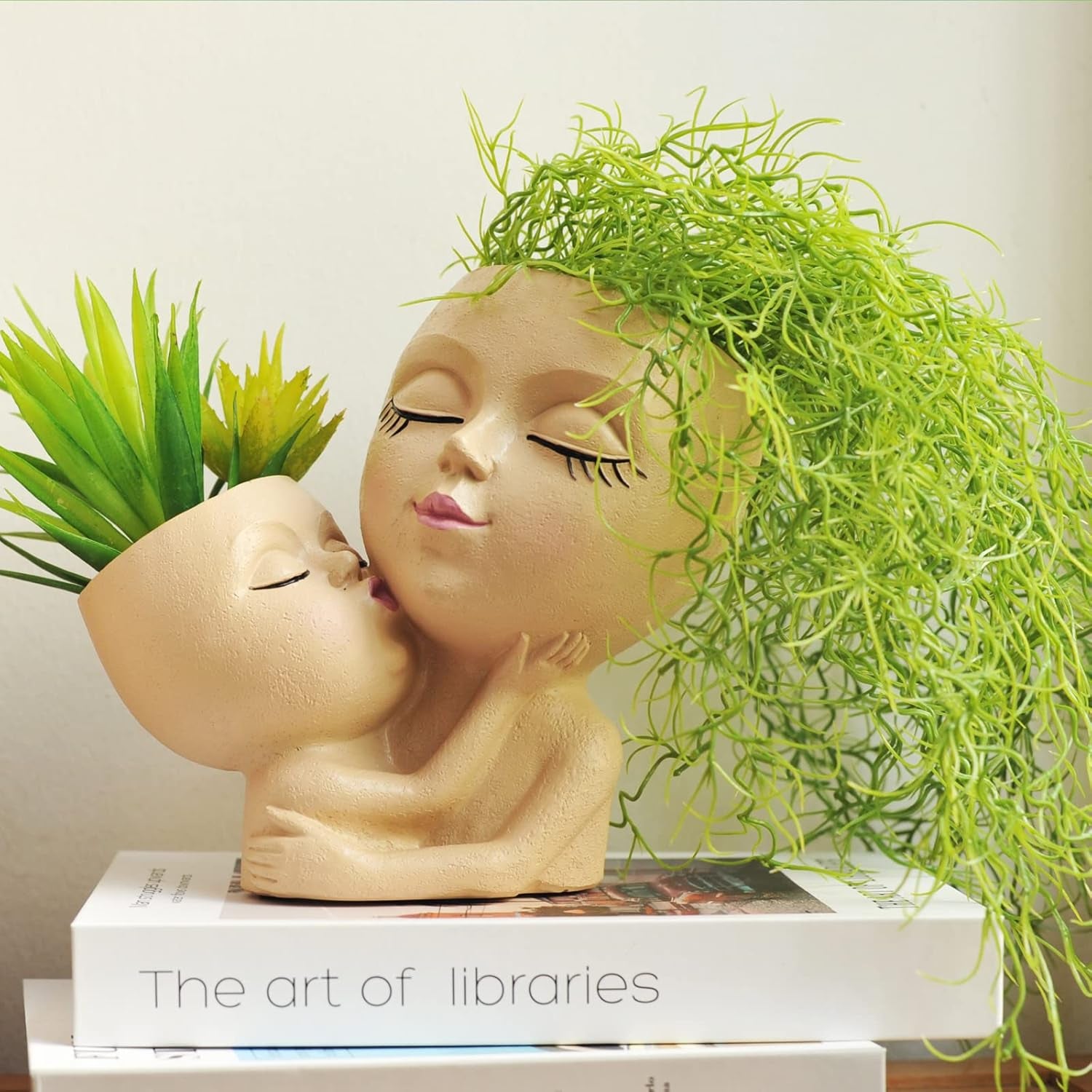 Head Planter Mother and Child Cute Face Planter Pots Head Resin Flower Pots for Indoor Plants with Drainage Hole(Mother&Child-Khaki)