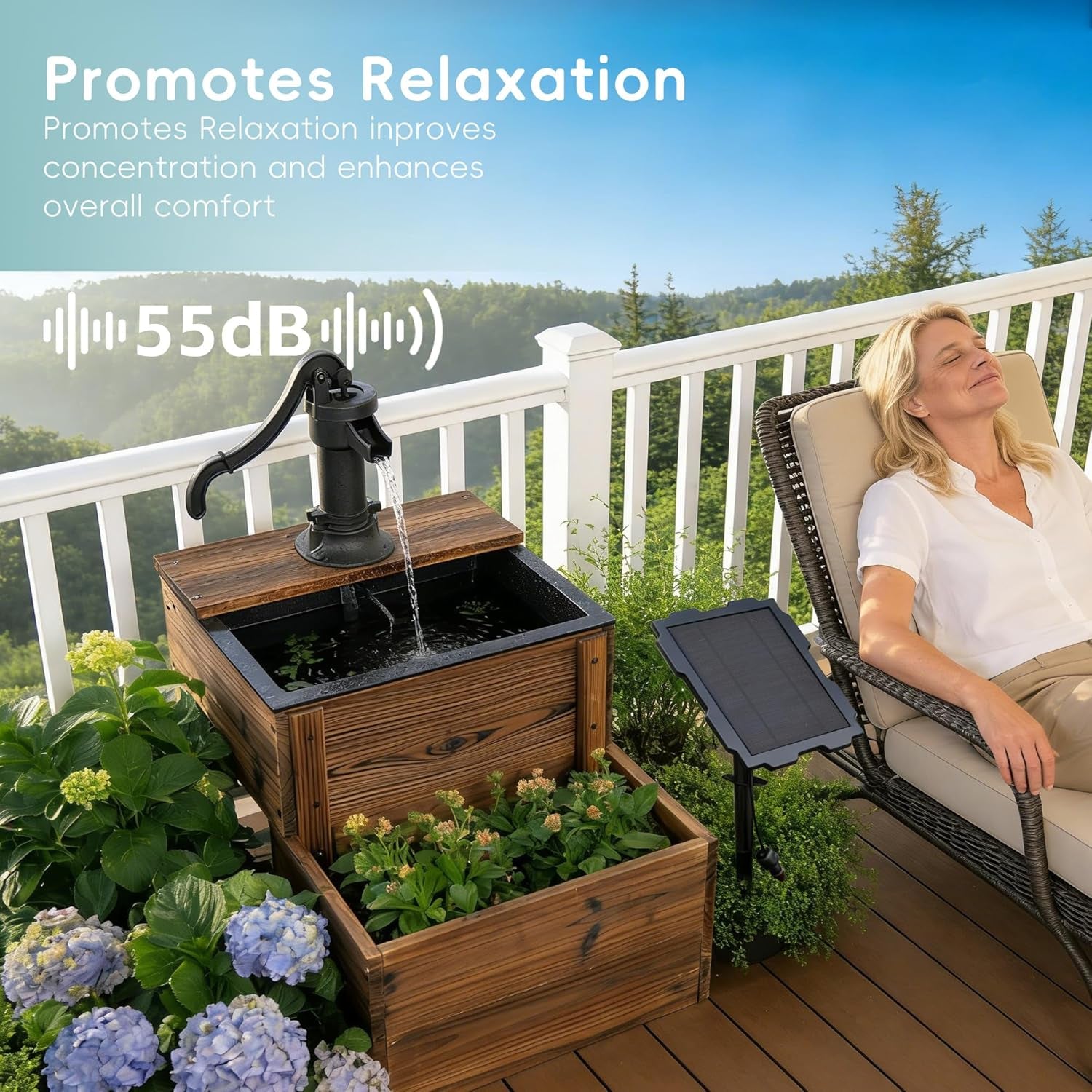 Solar Powered Water Fountain with Planter, 2-Tier Cascading Wooden Garden Fountain for Outdoor, Rustic Wood Barrel Water Feature with Solar Pump for Patio, Backyard, Porch, Yard Decor