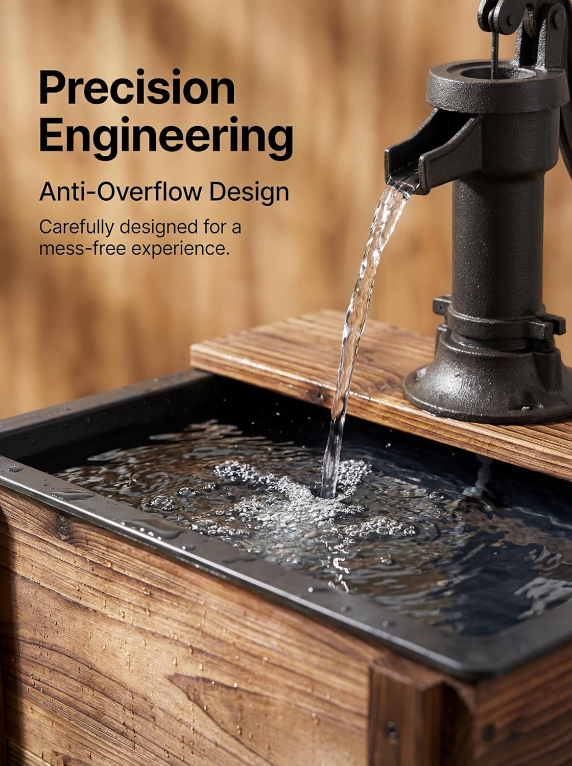 Outdoor Water Fountain，Floor Wooden Rectangular Double-Layer Old-Fashioned Pump Fountain with Flower Box，Plug-In Electric Decorative Hand Pump,Outdoor Water Feature for Garden Patio Backyard