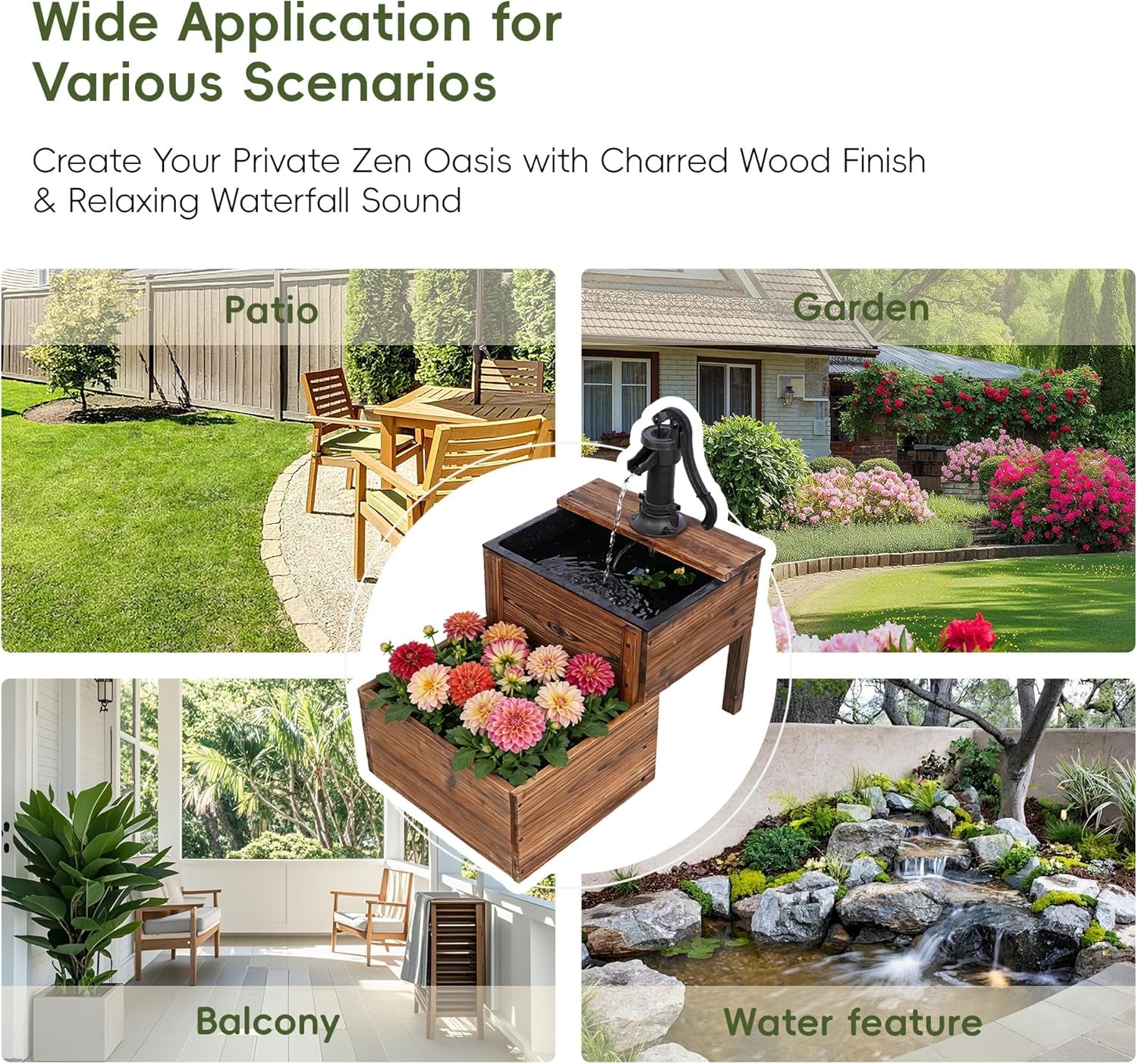 Solar Powered Water Fountain with Planter, 2-Tier Cascading Wooden Garden Fountain for Outdoor, Rustic Wood Barrel Water Feature with Solar Pump for Patio, Backyard, Porch, Yard Decor