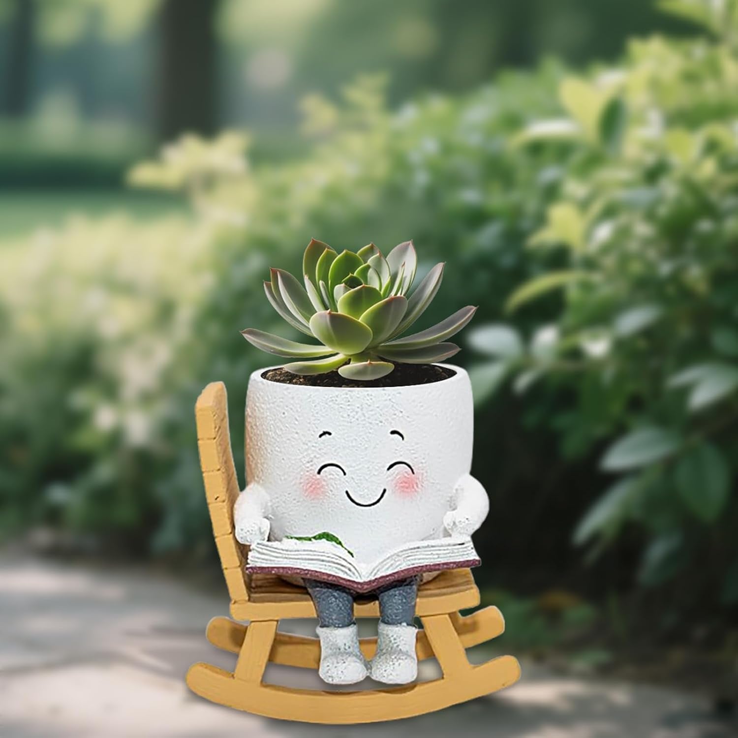 Smily Face Rocking Chair Reading Book Planter Pots, Cute Resin Flower Head Succulent Planters for Indoor Plants, Gift Ideai for Mother Christmas Birthday with Drainage Hole