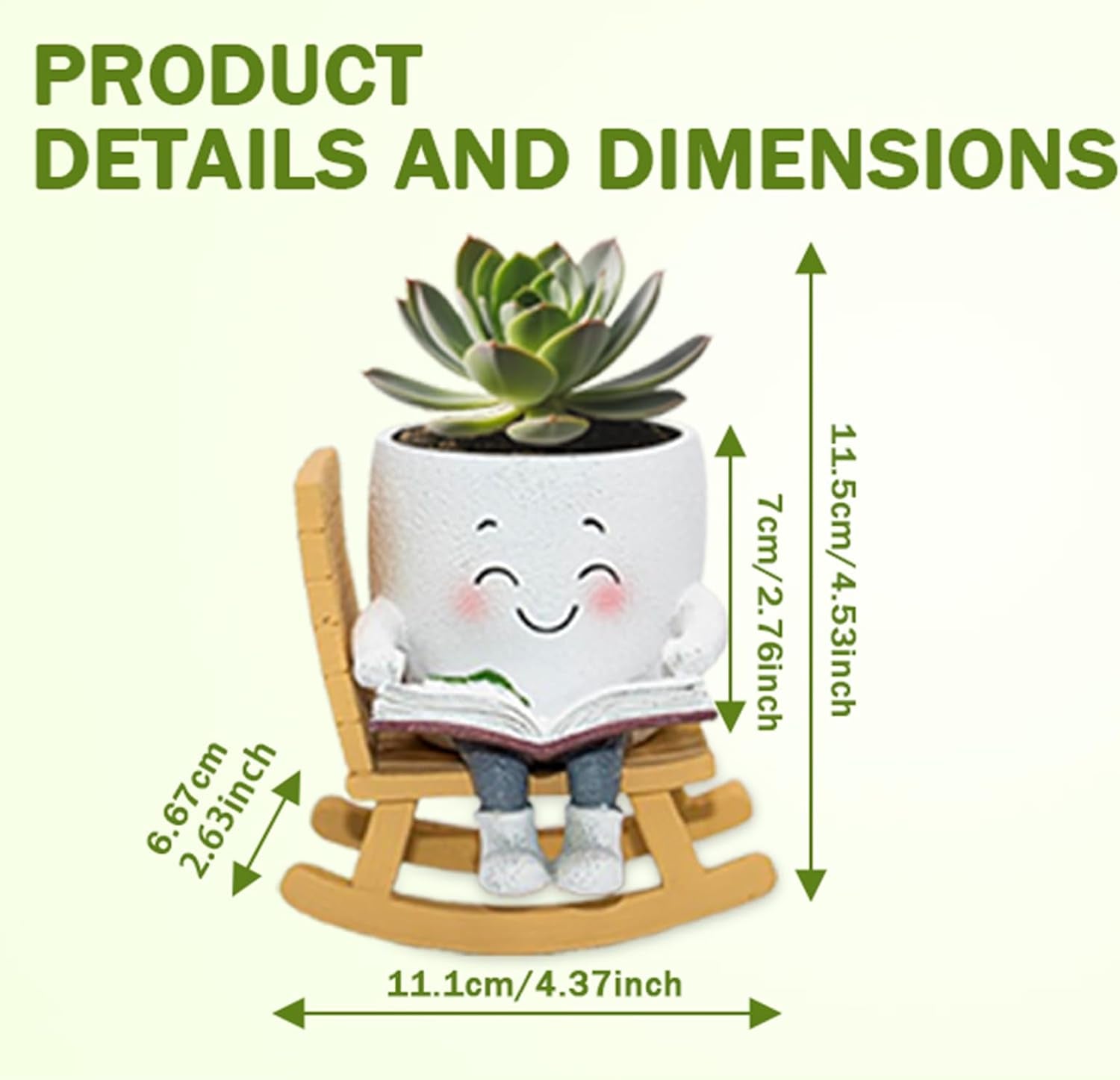 Smily Face Rocking Chair Reading Book Planter Pots, Cute Resin Flower Head Succulent Planters for Indoor Plants, Gift Ideai for Mother Christmas Birthday with Drainage Hole