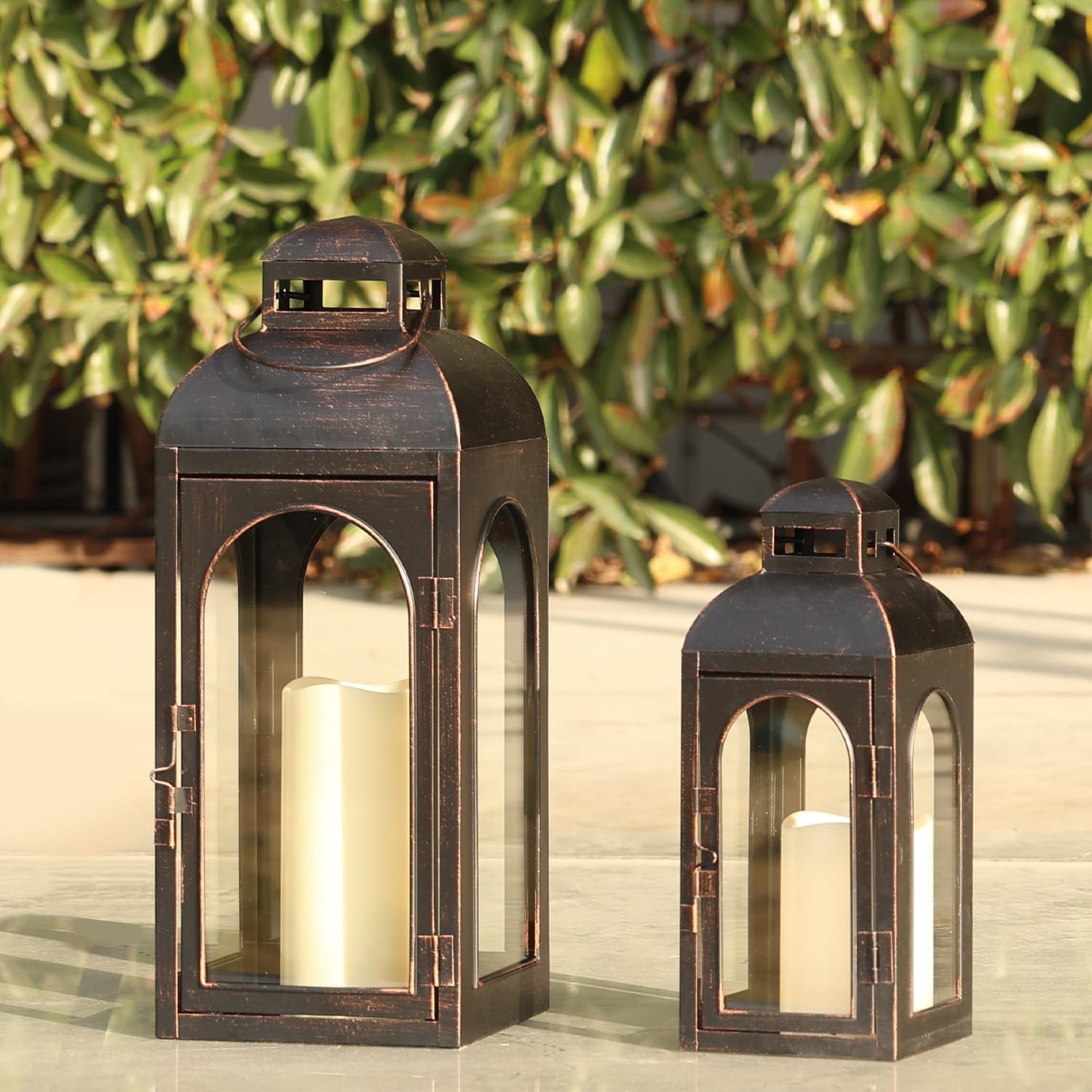 Lanterns Decorative Indoor,Set of 2 Outdoor Lanterns for Porch, 20" Metal Frame Candle Holders Hanging Lights,With Glass, Spring, Fall, Christmas