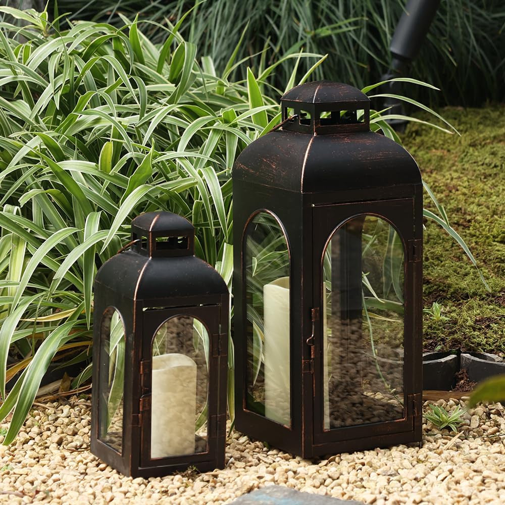 Lanterns Decorative Indoor,Set of 2 Outdoor Lanterns for Porch, 20" Metal Frame Candle Holders Hanging Lights,With Glass, Spring, Fall, Christmas