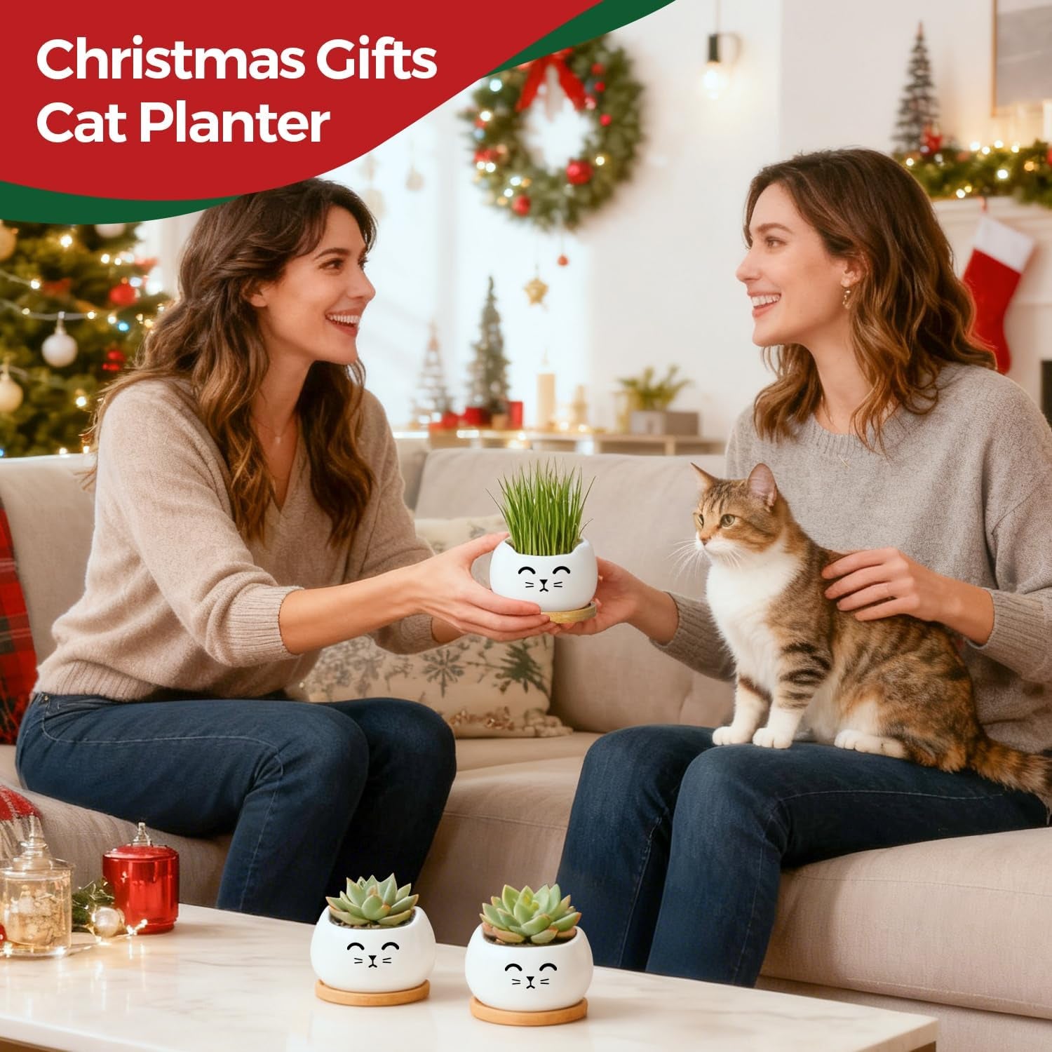 Cat Planter 3.8 Inch, 3 Pcs Cute Cat Small Plant Pots for Indoor Plants, Mini Cat Succulent Pots for Plants, Ceramic Succulent Planters with Drainage, Tiny Flower Pots