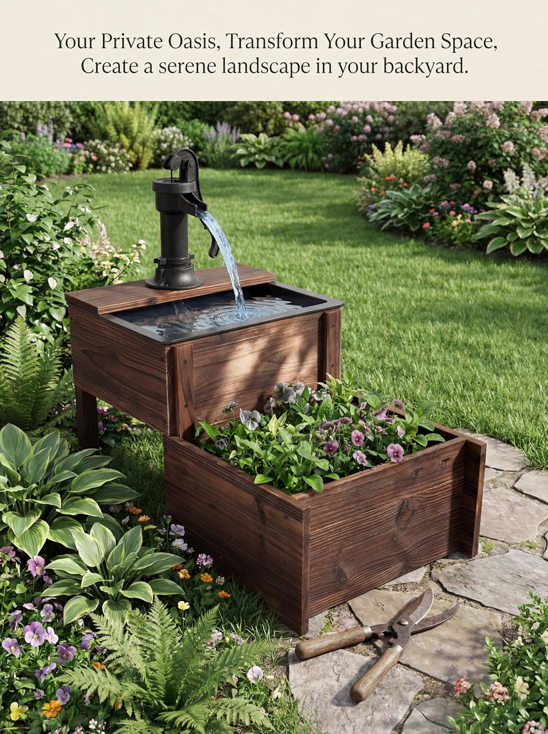 Outdoor Water Fountain，Floor Wooden Rectangular Double-Layer Old-Fashioned Pump Fountain with Flower Box，Plug-In Electric Decorative Hand Pump,Outdoor Water Feature for Garden Patio Backyard