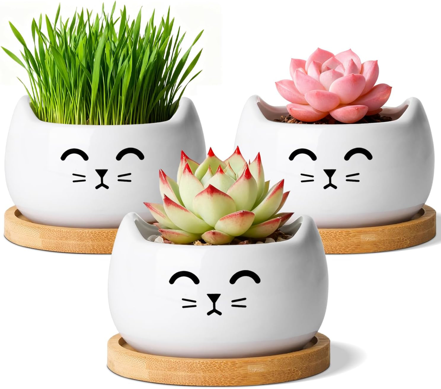 Cat Planter 3.8 Inch, 3 Pcs Cute Cat Small Plant Pots for Indoor Plants, Mini Cat Succulent Pots for Plants, Ceramic Succulent Planters with Drainage, Tiny Flower Pots