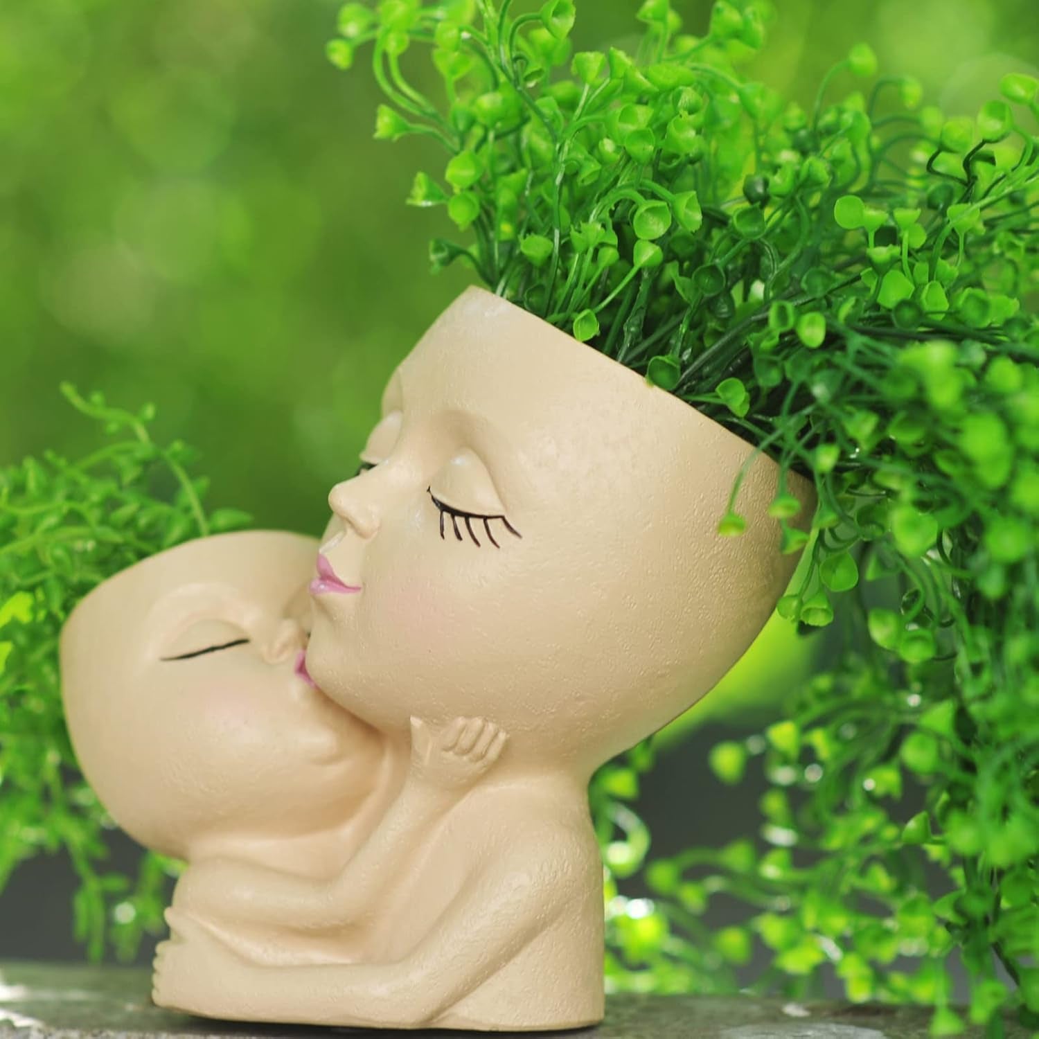 Head Planter Mother and Child Cute Face Planter Pots Head Resin Flower Pots for Indoor Plants with Drainage Hole(Mother&Child-Khaki)