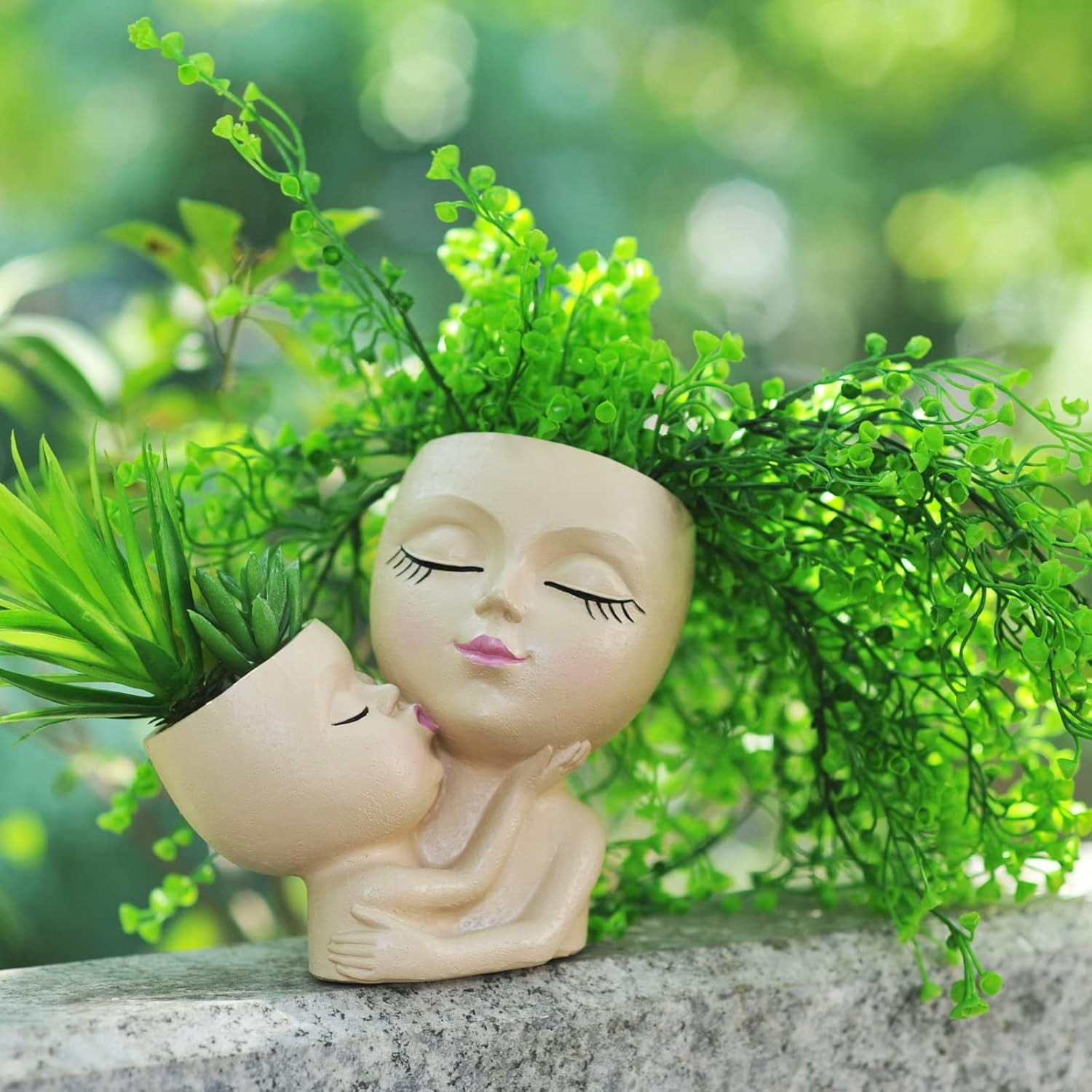 Head Planter Mother and Child Cute Face Planter Pots Head Resin Flower Pots for Indoor Plants with Drainage Hole(Mother&Child-Khaki)