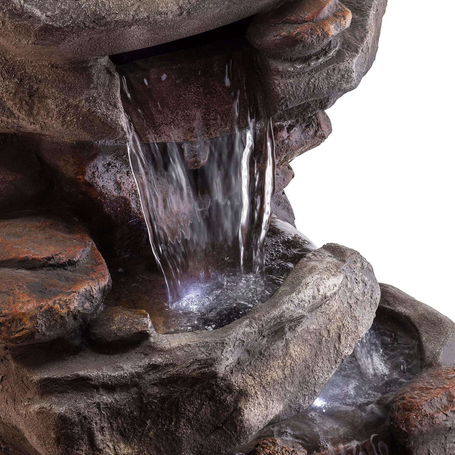 | 40" 4-Tier Rock Floor Fountain with Cascading Water & White LED Lights, Tranquil Outdoor Water Feature for Garden, Patio, Yard & Deck, Light Gray