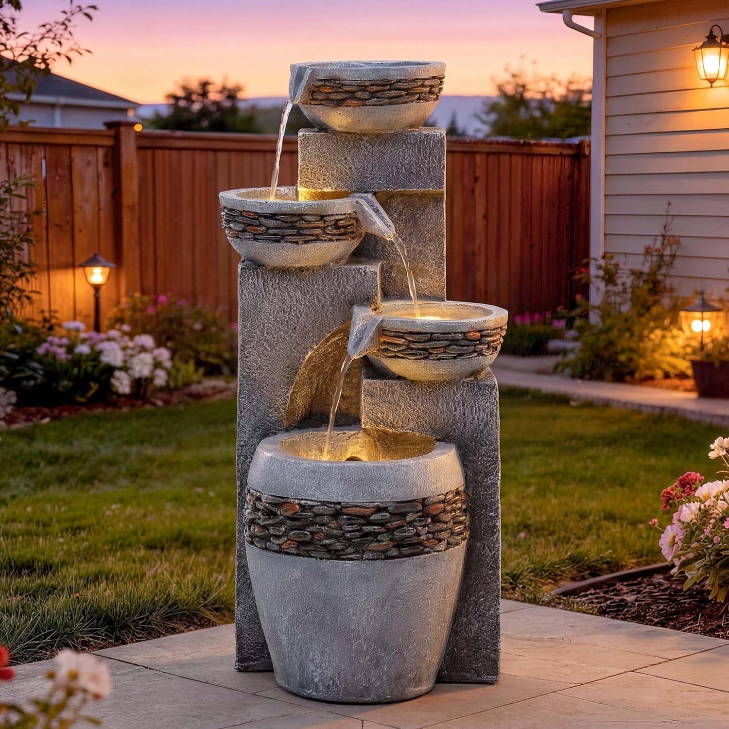 19.5" Tall 4-Tier Pedestal Outdoor Water Fountain with LED Lights and Pump, Relaxing Garden Fountain Waterfall for Patio, Porch, or Yard