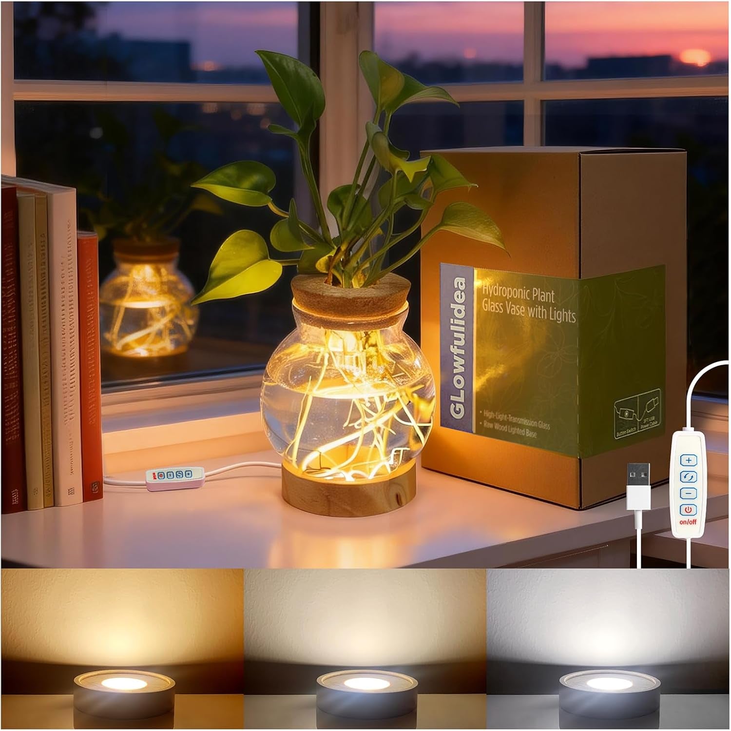 Plant Propagation Station with 9-Level Adjustable LED Light, Glass Planter Station with Waterproof Lighted Wooden Base, Desktop Hydroponic Plants Terrarium Vases Jars for Home & Office Decor