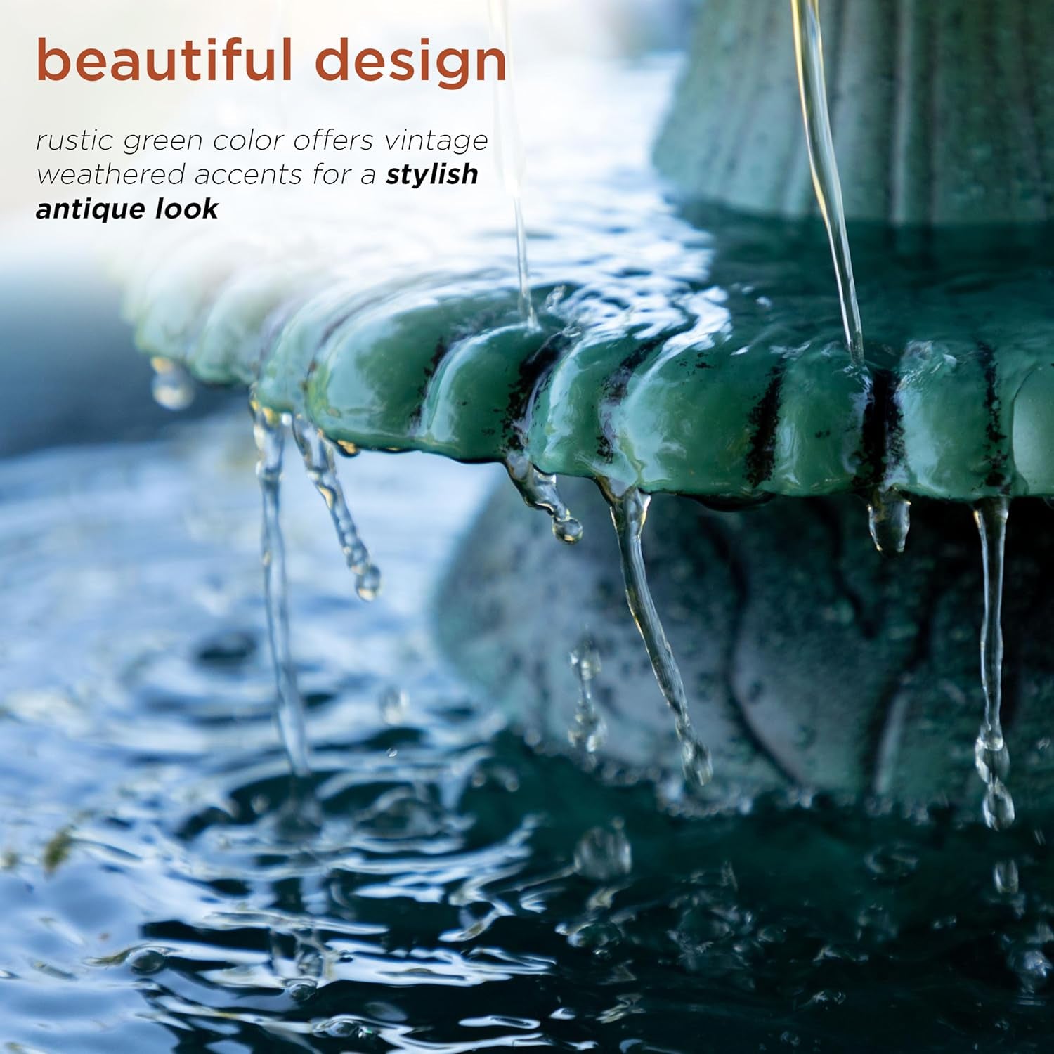 35" Tall 3-Tier Outdoor Pedestal Water Fountain – Durable Resin Cascading Water Feature and Birdbath for Garden, Patio, Deck, and Backyard, Green