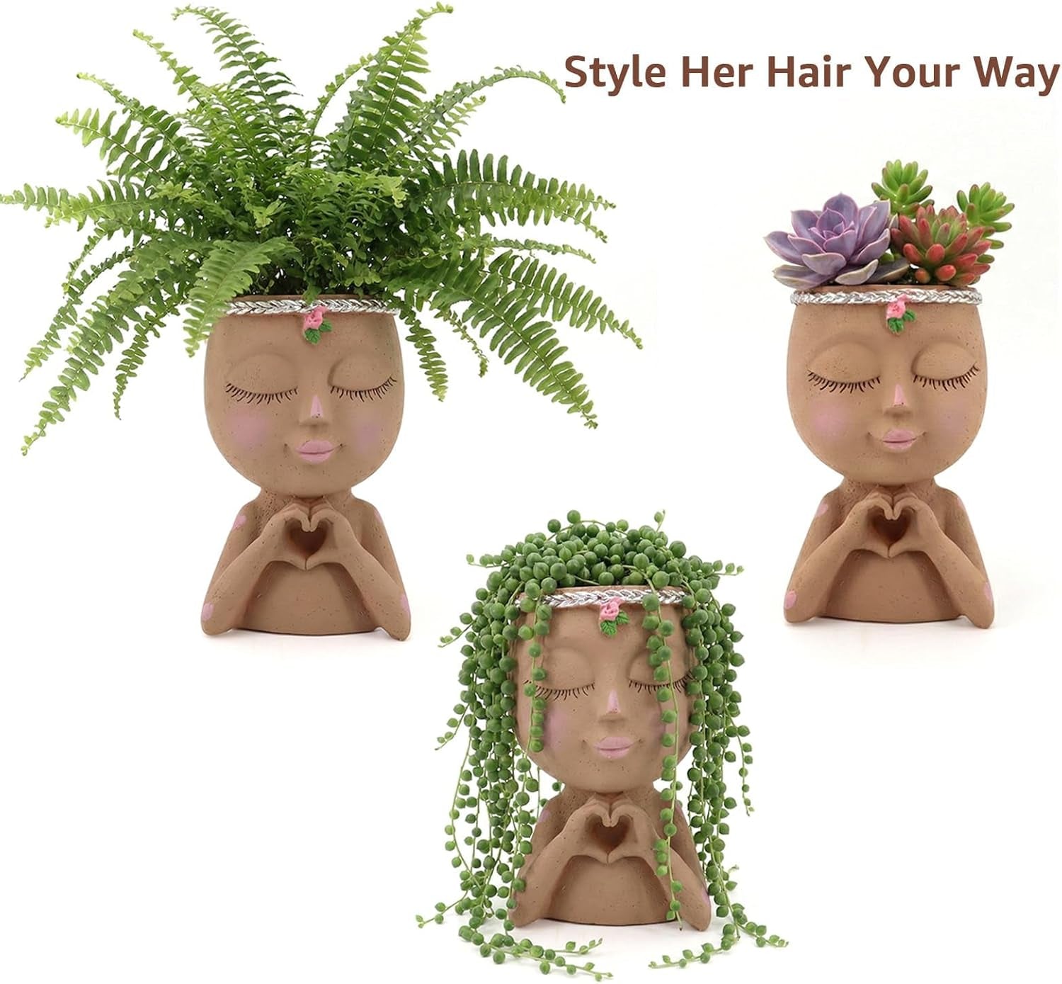 Face Planter Pot with Heart Hands, Resin Head Planter for Indoor Plants, Cute Succulent Pots with Drainage Hole, Gardening Gifts for Women Mom Teacher, 7.3" Home Decor (Brown)