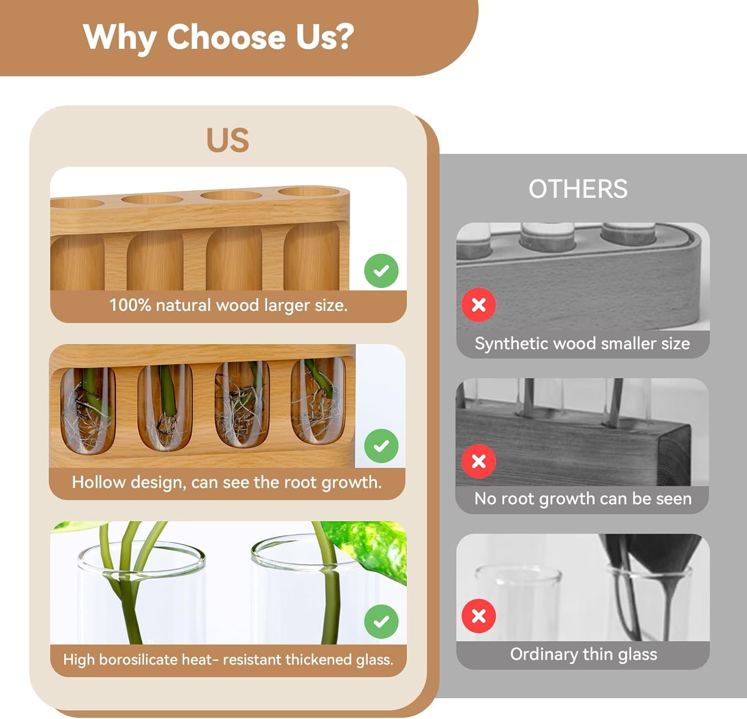 Plant Propagation Station with 9-Speed Adjustable LED Lights, Wooden Stand, 4 Glass Test Tubes for Hydroponic Plants, Unique Gift for Plant Lovers
