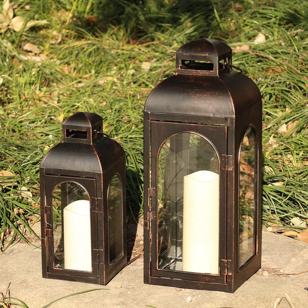 Lanterns Decorative Indoor,Set of 2 Outdoor Lanterns for Porch, 20" Metal Frame Candle Holders Hanging Lights,With Glass, Spring, Fall, Christmas
