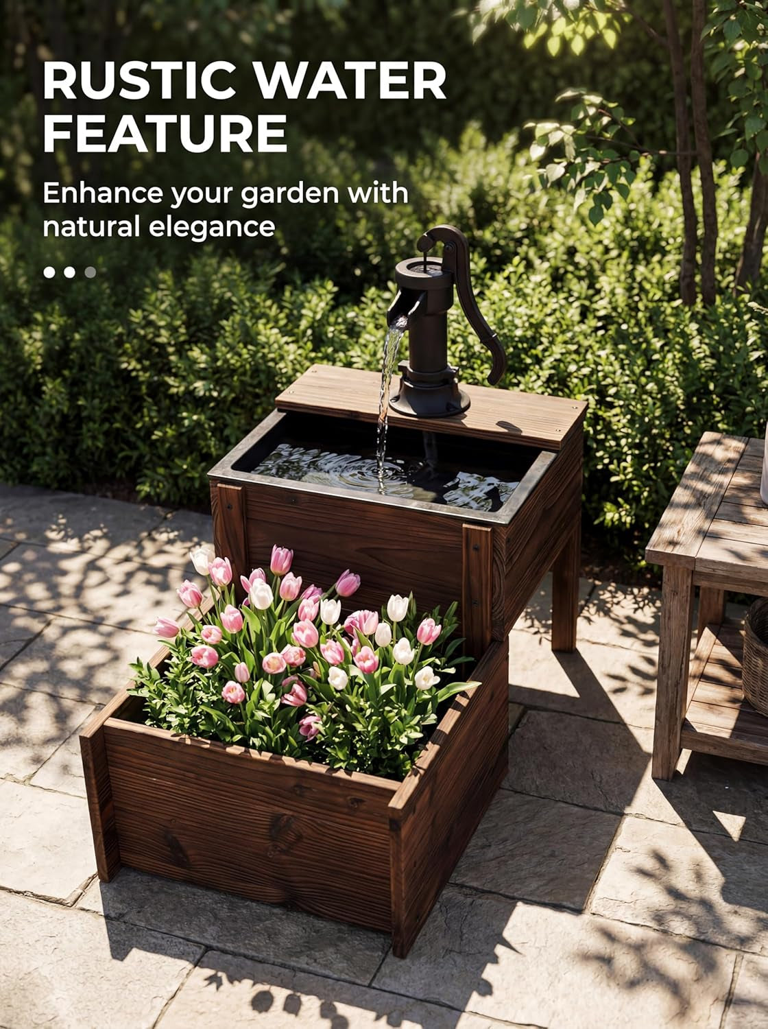 Outdoor Water Fountain，Floor Wooden Rectangular Double-Layer Old-Fashioned Pump Fountain with Flower Box，Plug-In Electric Decorative Hand Pump,Outdoor Water Feature for Garden Patio Backyard