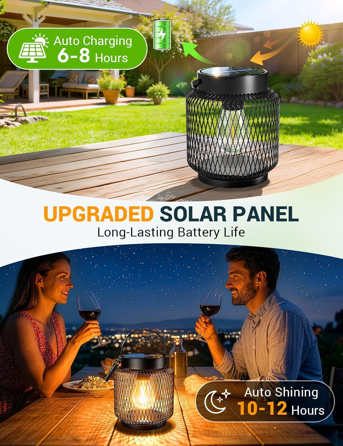 Metal Solar Lanterns Outdoor Waterproof, 2 Pack Brighter Hanging Solar Lights for Outside, up to 15 Hours Modern Hanging Solar Powered Lanterns Lights for Yard Patio Porch Garden Decorative