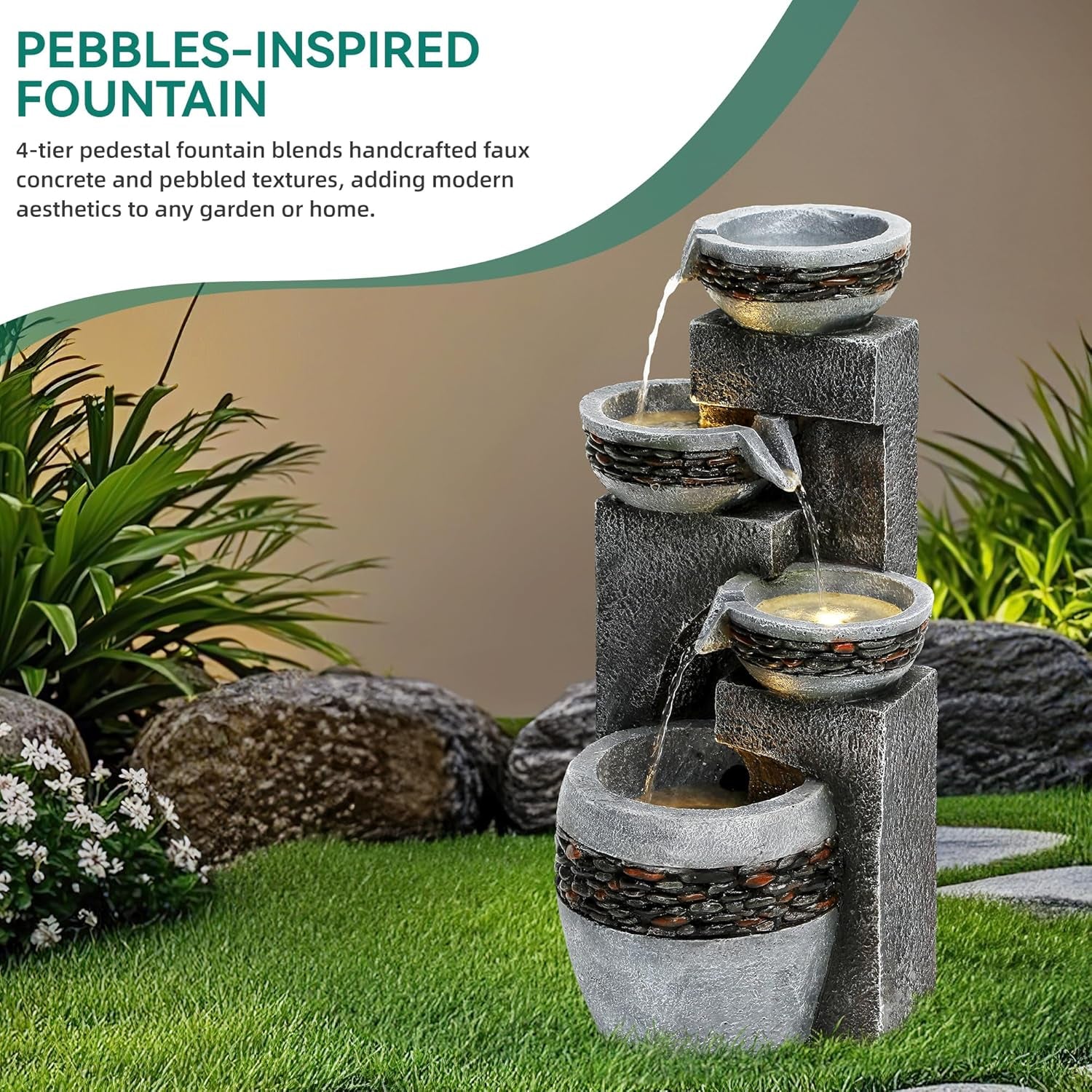 19.5" Tall 4-Tier Pedestal Outdoor Water Fountain with LED Lights and Pump, Relaxing Garden Fountain Waterfall for Patio, Porch, or Yard