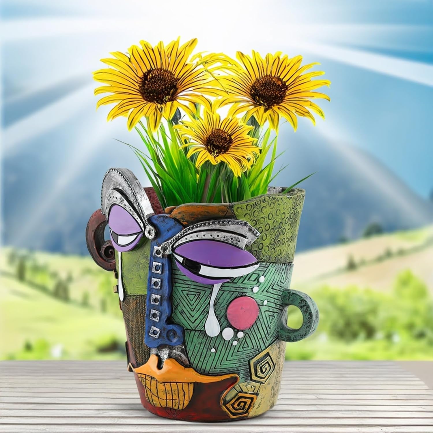 Picasso-Inspired Abstract Face Flower Pot | Unique Head Planter with Drainage Hole | Vibrant Colors & Quirky Art Decor (Tears)