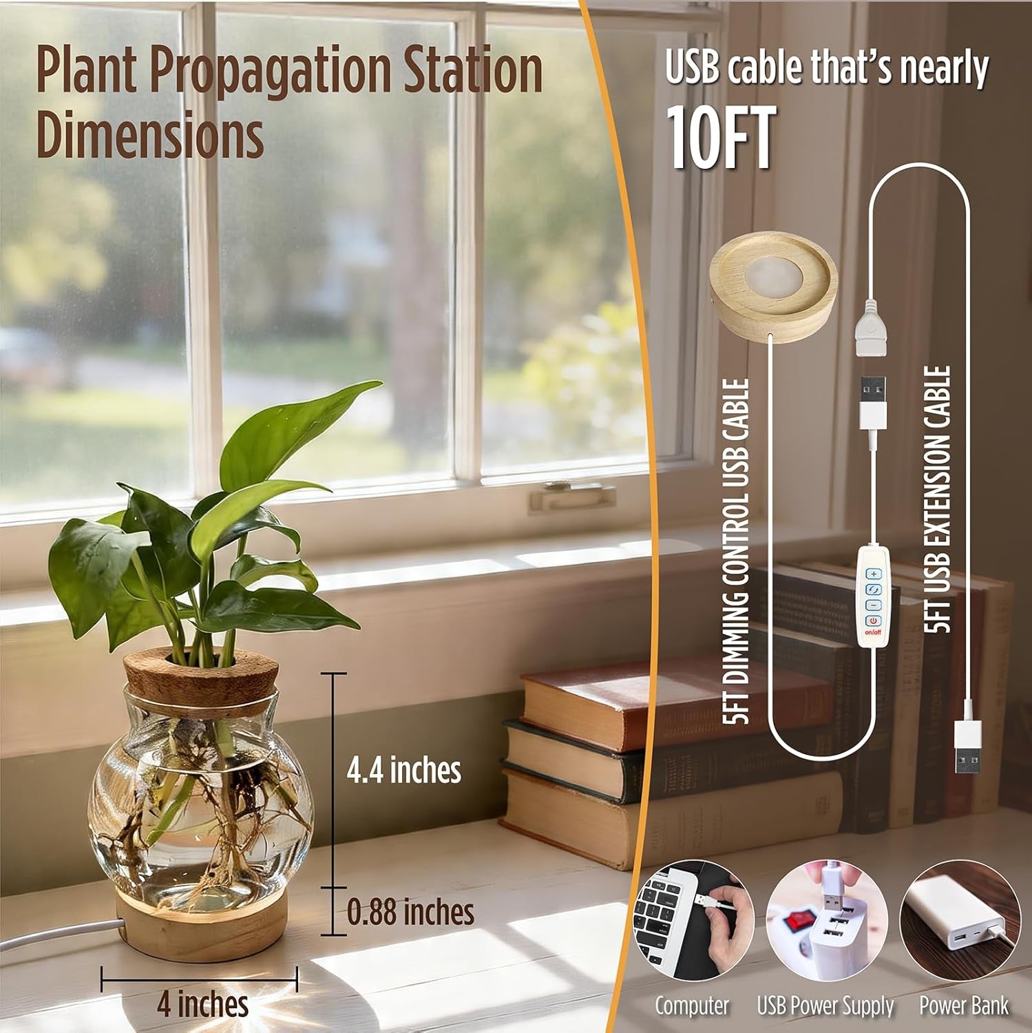 Plant Propagation Station with 9-Level Adjustable LED Light, Glass Planter Station with Waterproof Lighted Wooden Base, Desktop Hydroponic Plants Terrarium Vases Jars for Home & Office Decor