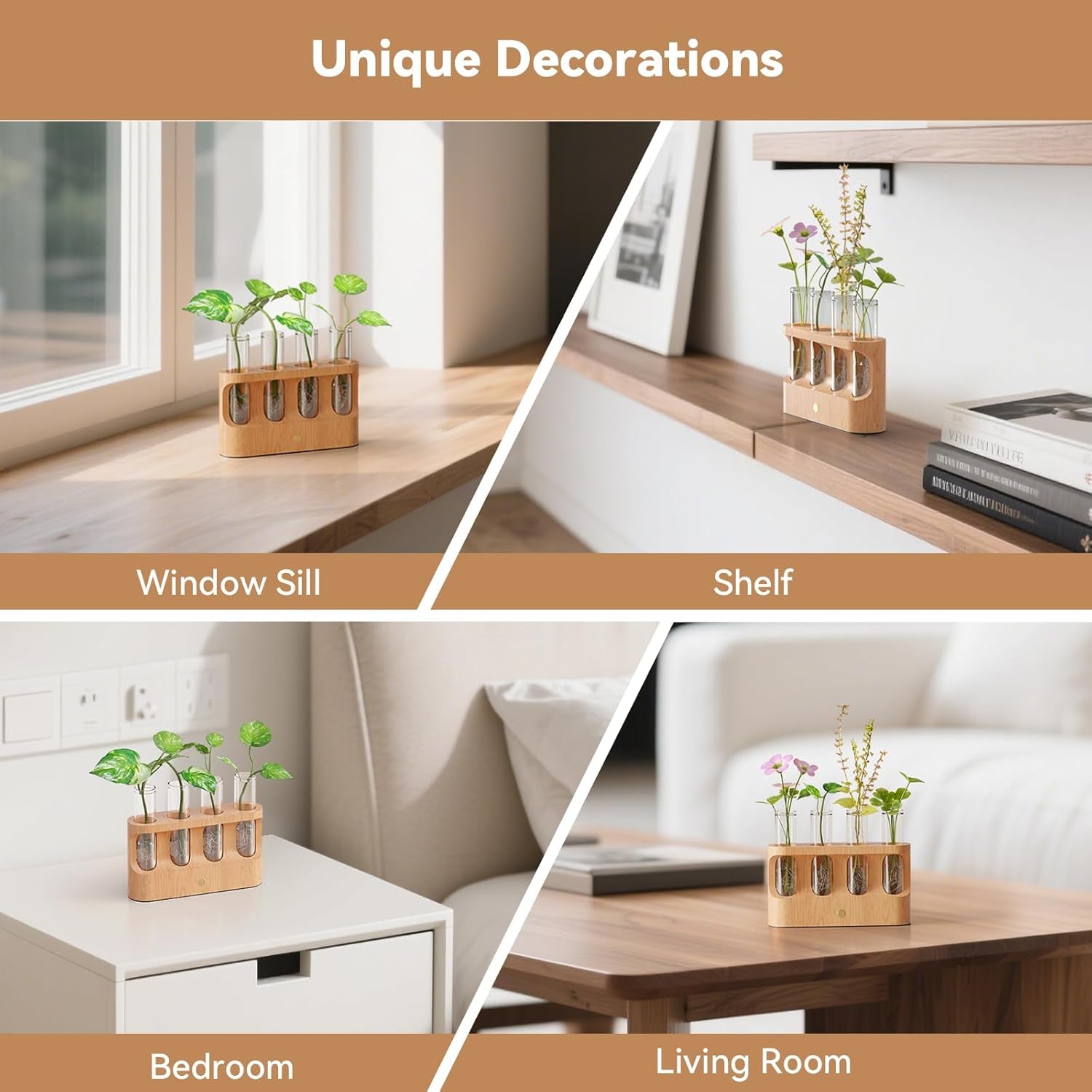 Rechargeable Plant Propagation Station with Stepless LED Light, Wooden Stand & 4 Propagation Test Tubes, Hydroponic Plant Terrarium for Indoor Home Decor, Gift for Plant Lovers and Mothers