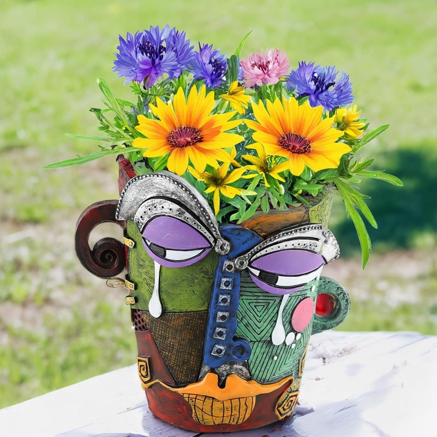 Picasso-Inspired Abstract Face Flower Pot | Unique Head Planter with Drainage Hole | Vibrant Colors & Quirky Art Decor (Tears)