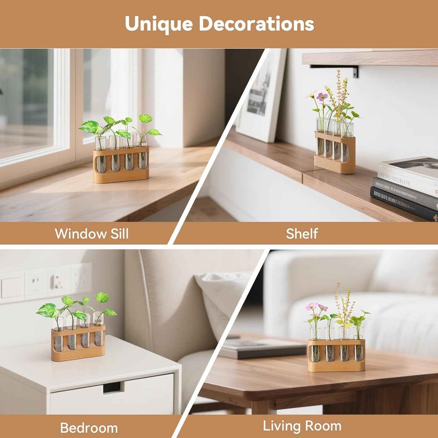 Plant Propagation Station with 9-Speed Adjustable LED Lights, Wooden Stand, 4 Glass Test Tubes for Hydroponic Plants, Unique Gift for Plant Lovers